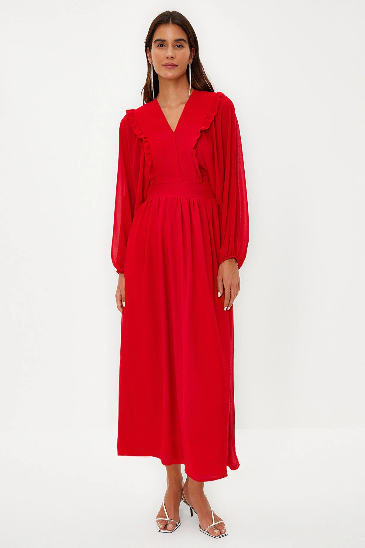 Trendyol Modest  Rotes, minimal gemustertes, mit Chiffon gefüttertes Webkleid TCTSS24EB00035