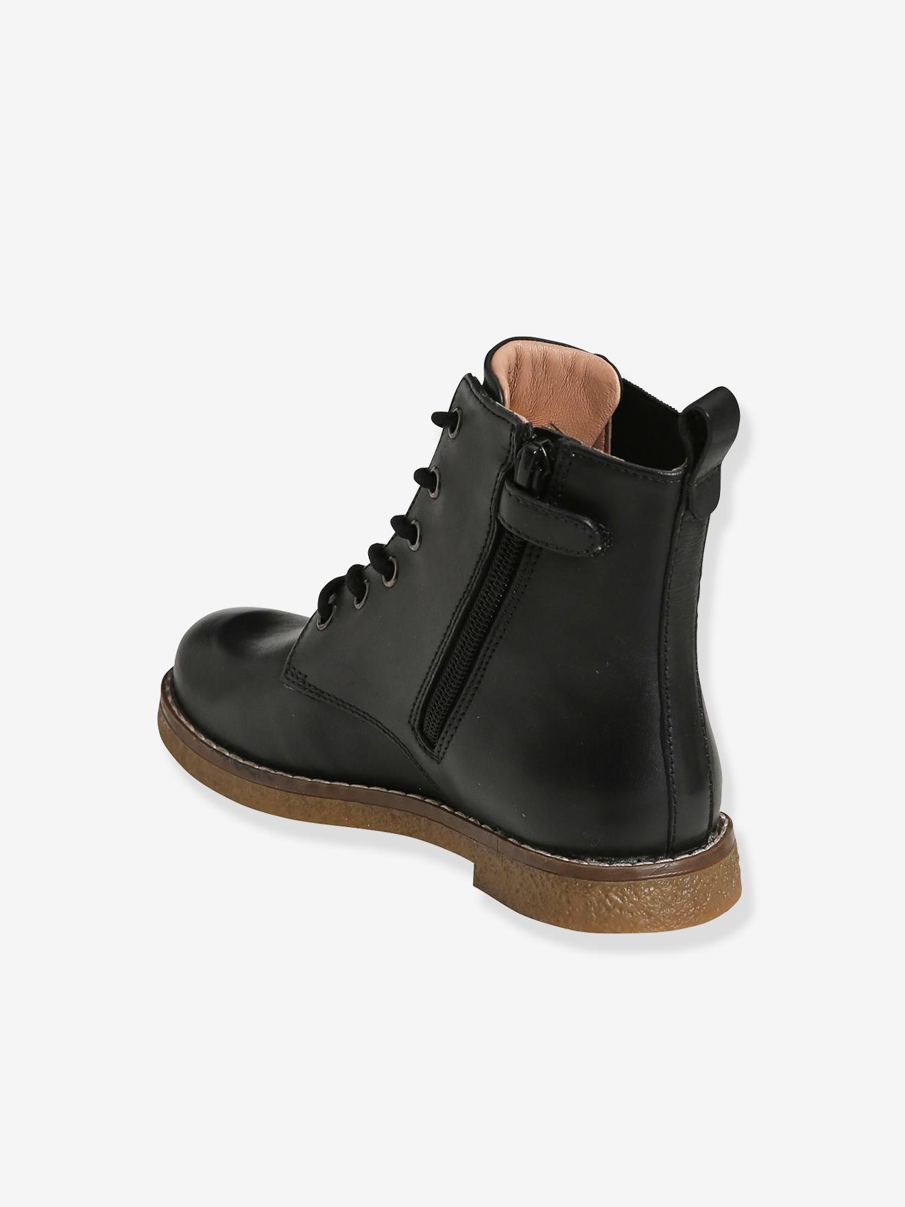 Bottines hautes lacées et zippées en cuir fille noir