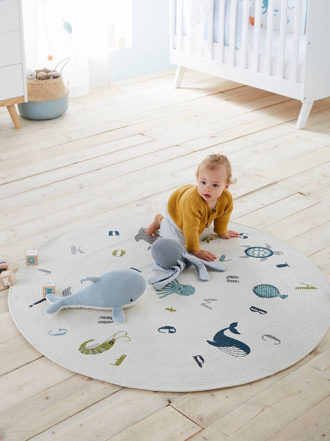 Vertbaudet Runder Kinderzimmer Teppich OZEAN - wollweiß