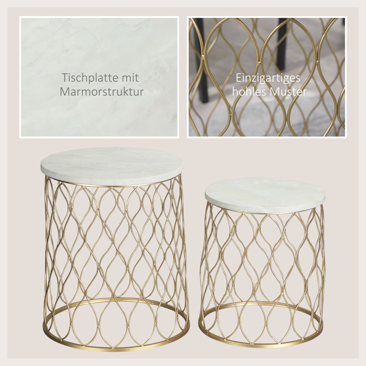 Outsunny 2er-Set Gartentisch Beistelltische Couchtische Retro Drahtkorb Metallkorb Garten Satztisch Gartenmöbel Outdoor Balkon Stahl Gold   Weiß Ø41 x 46 cm