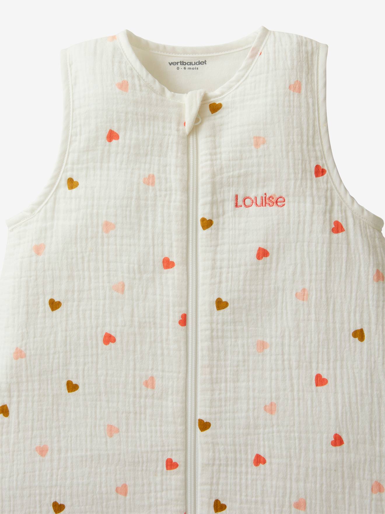 Vertbaudet Baby Sommerschlafsack KLEINE HERZEN aus Musselin Oeko-Tex personalisierbar - wollweiß herzen