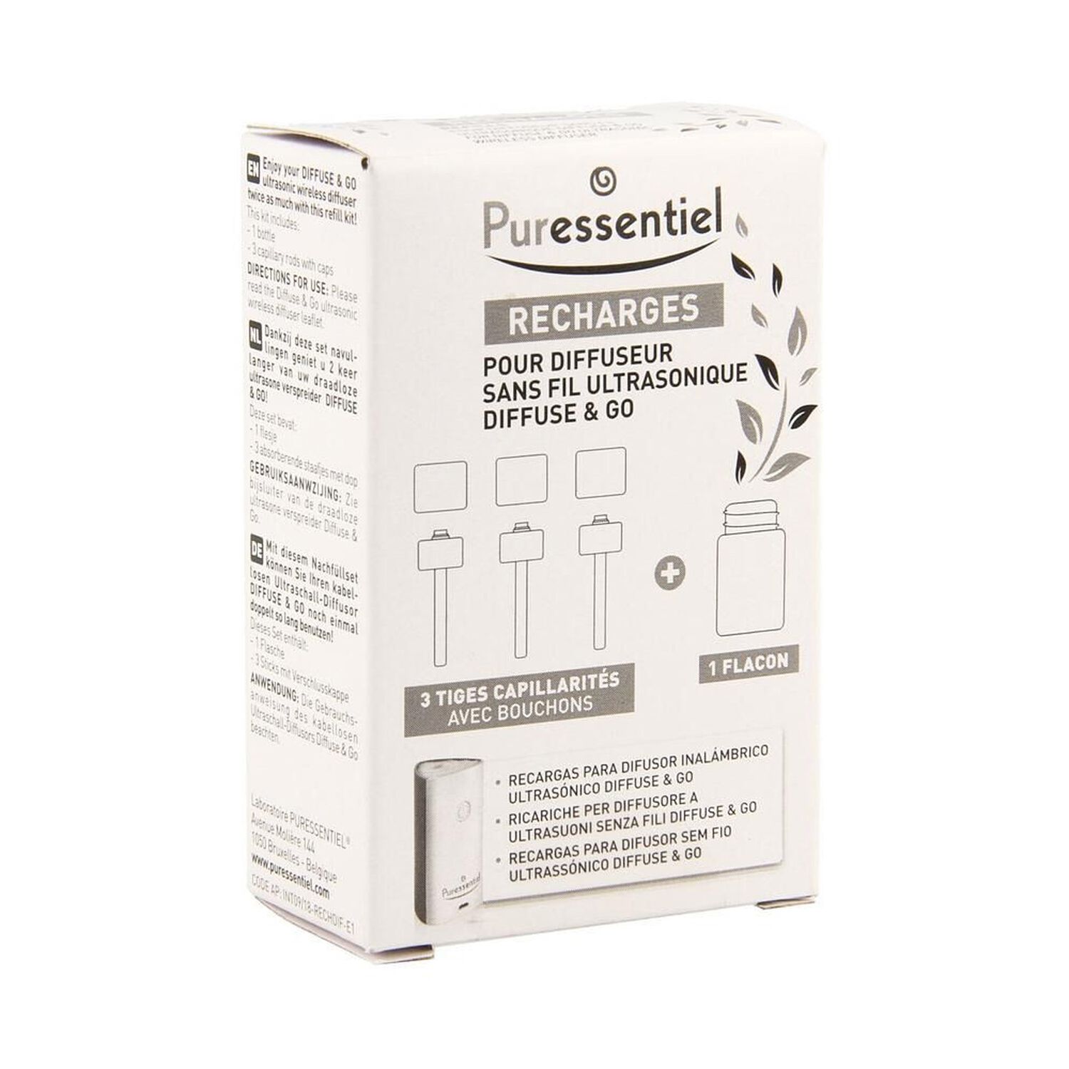 Puressentiel Diffuseur Recharges Sans Fil Ultrasonique Diffuse & Go - 3 Tiges + 1 Flacon