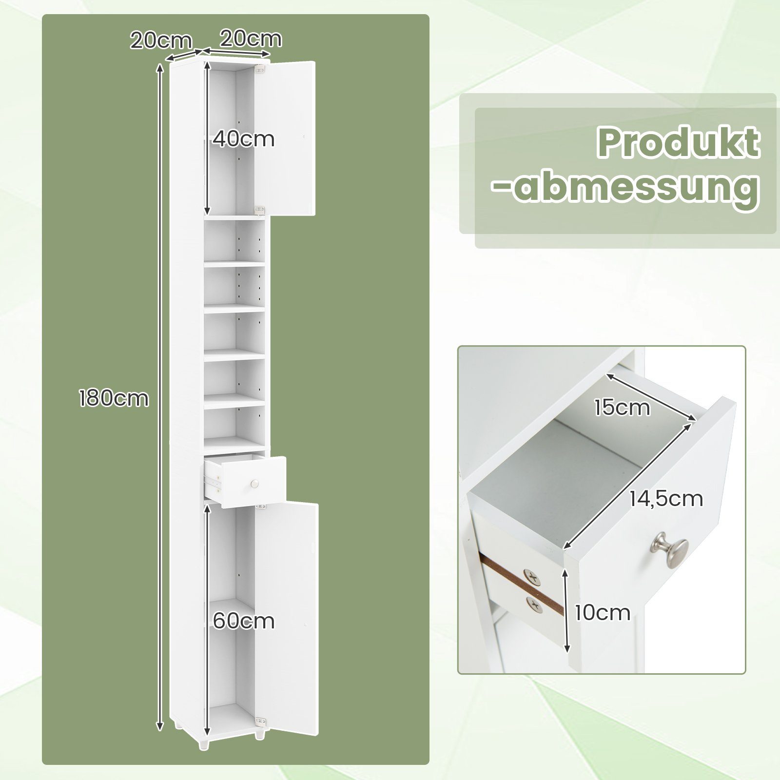 COSTWAY Hochschrank Bad, Schmal, mit Schublade, 2 Türen & Fächern, 180cm weiß