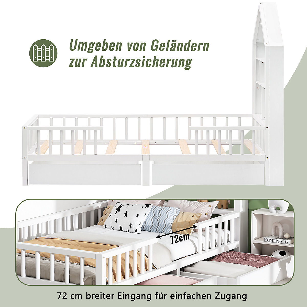 Hausbett 90x200 cm mit Bücherregal und Schubladen