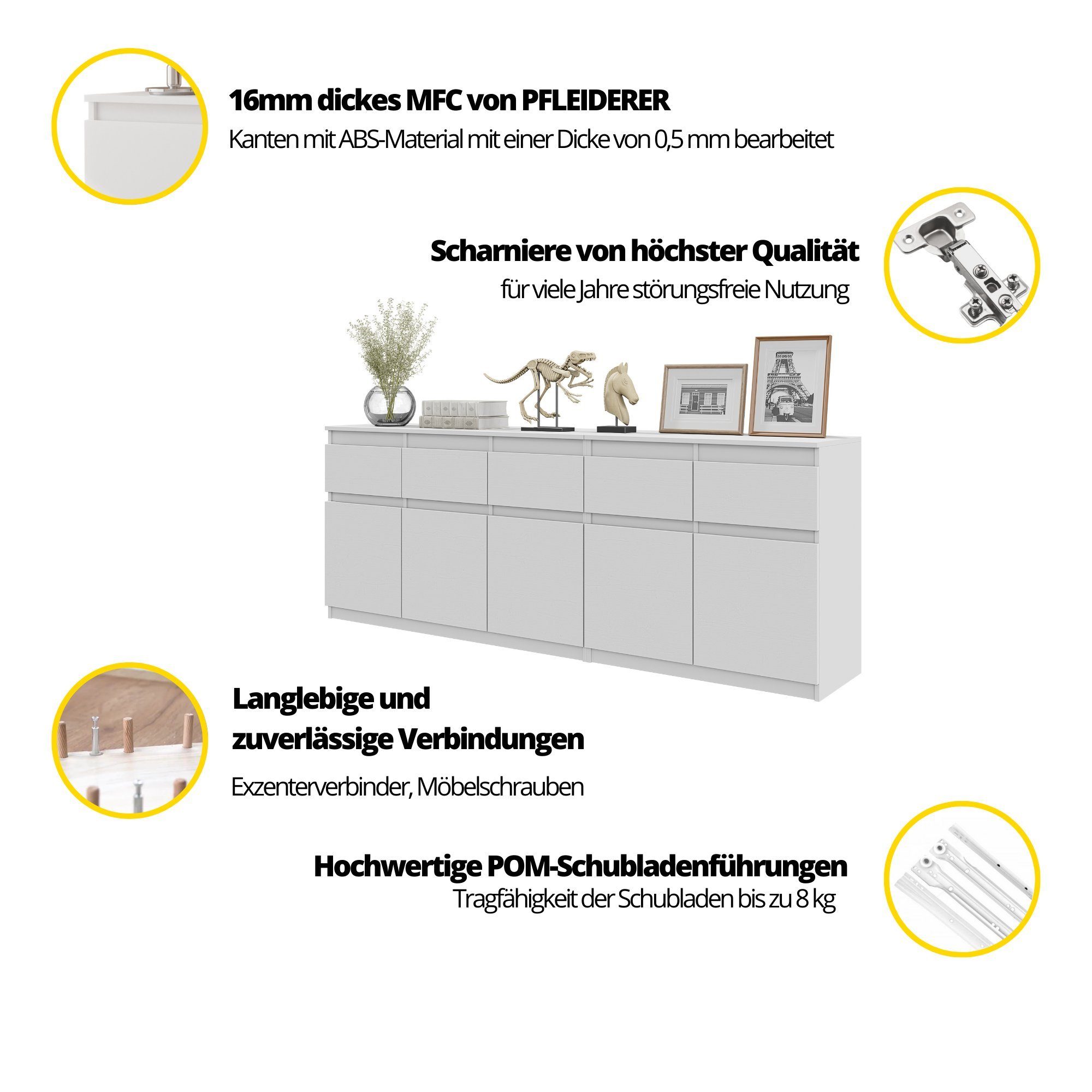 Furnica Kommode NOAH, 5 Schubladen und 5 Türen - Anthrazit Grau H75cm B200cm T35cm