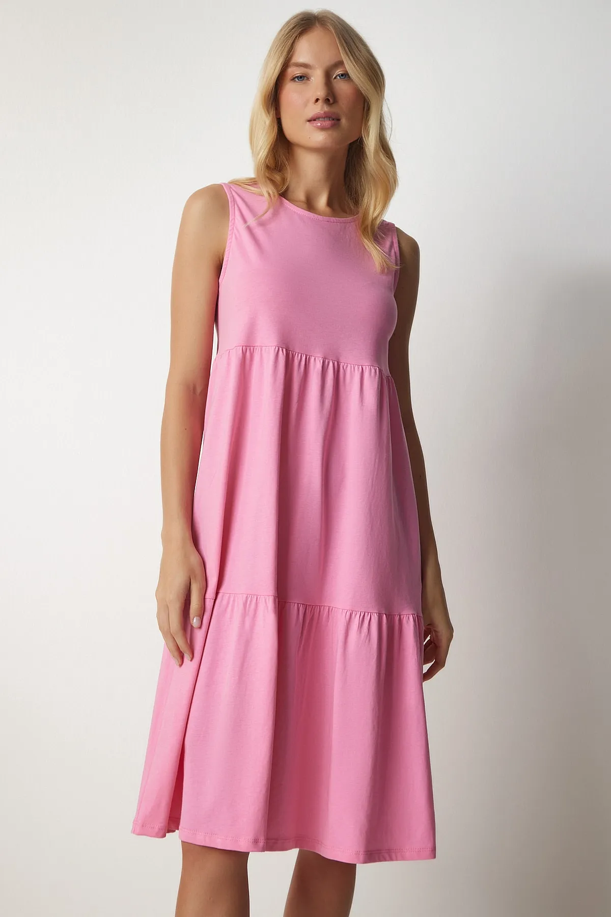 Happiness İstanbul  Hellrosa ärmelloses Volant-Strickkleid für Damen CR00412