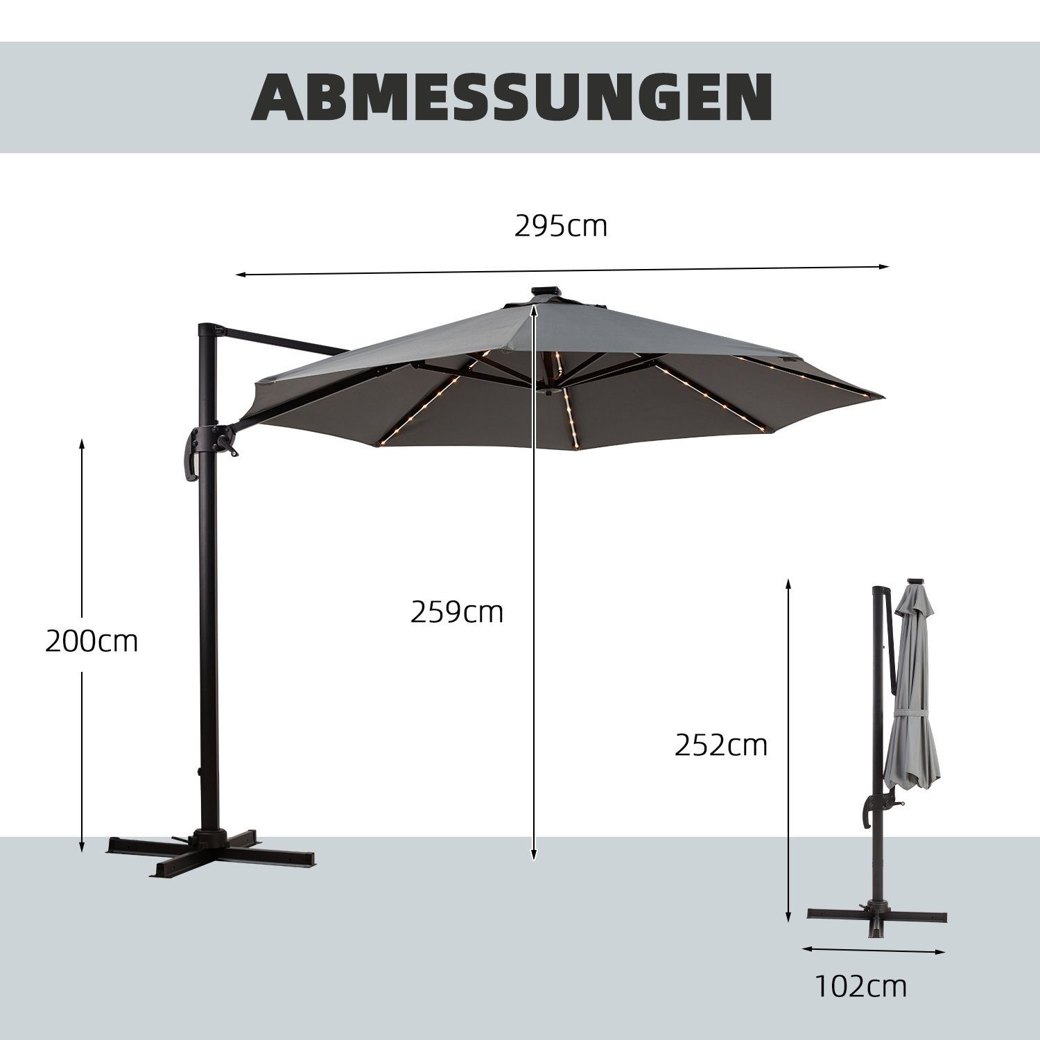 EROMMY Sonnenschirm Terrassenschirm für Garten und Balkon, LED-Leuchten, LxB: 300,00x300,00 cm, 360°drehbar, 5-fach verstellbar, ohne Schirmstander
