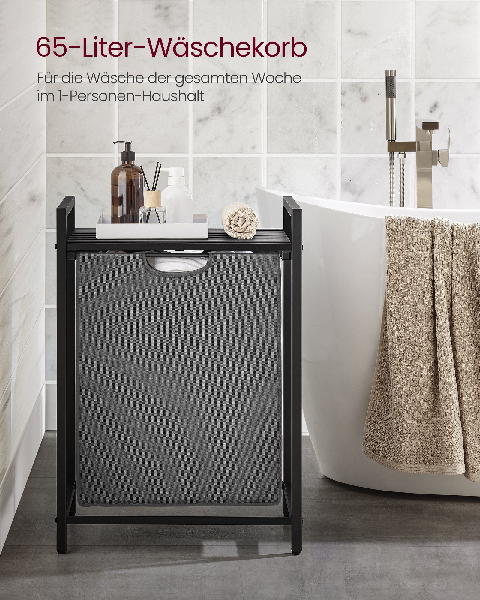VASAGLE Wäschekorb, mit Ablage, Wäschesack abnehmbar, Metallrahmen, 65 L