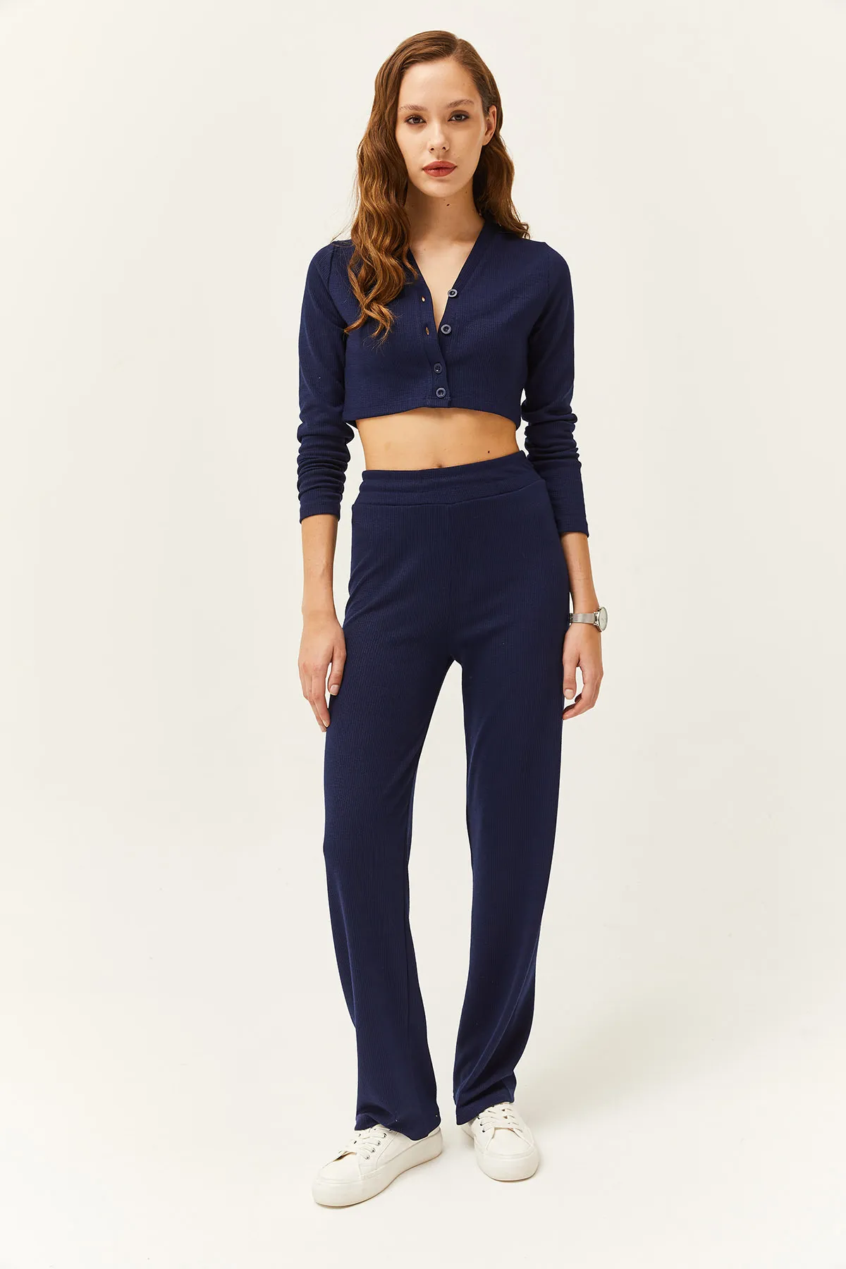 Olalook  Damen Marineblau Cardigan Bottom Top Rippenmuster Team TKM-19000235