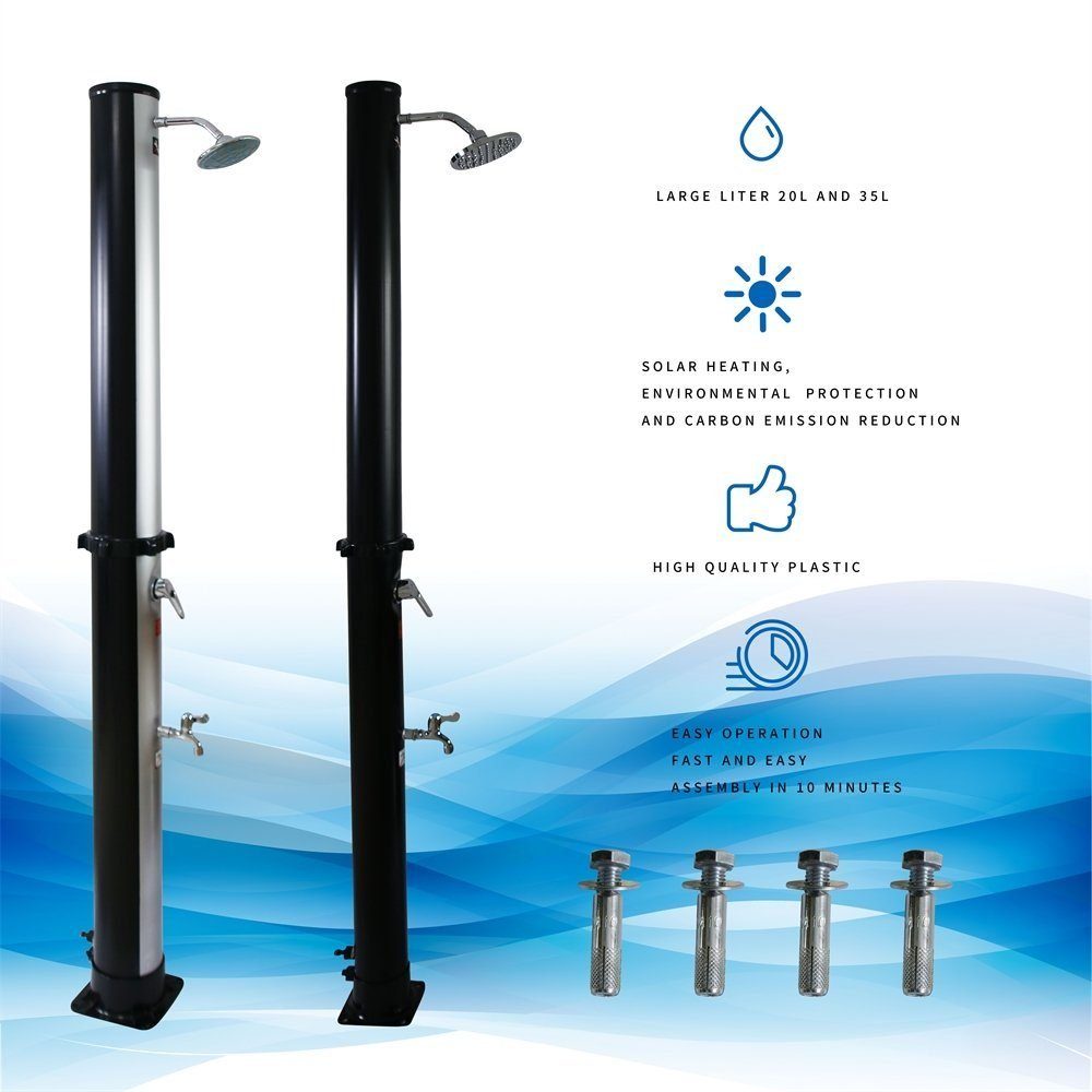Melko Solardusche Solar Außendusche Gartendusche Pooldusche 20L in Schwarz oder mit Silber Solardusche Campingdusche Outdoor Regendusche Fußdusche Schwimmbaddusche (Stück), Wassertemperatur stufenlos einstellbar
