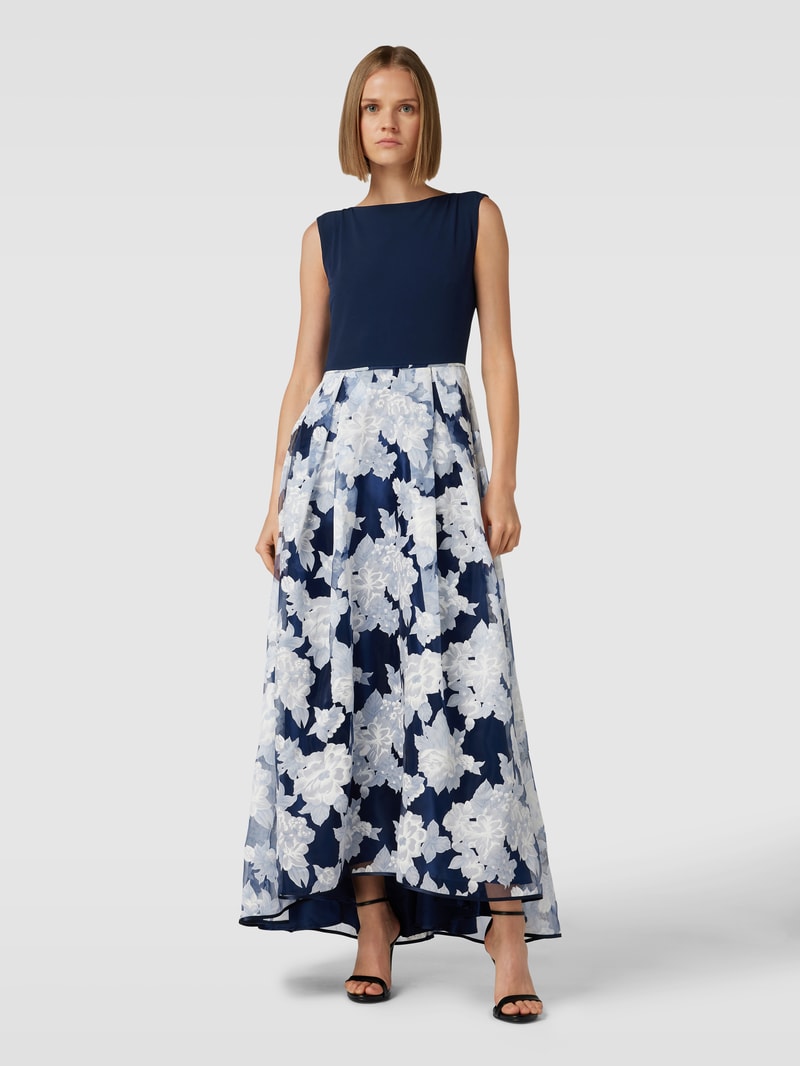 Abendkleid mit floralem Muster in marineblau meliert