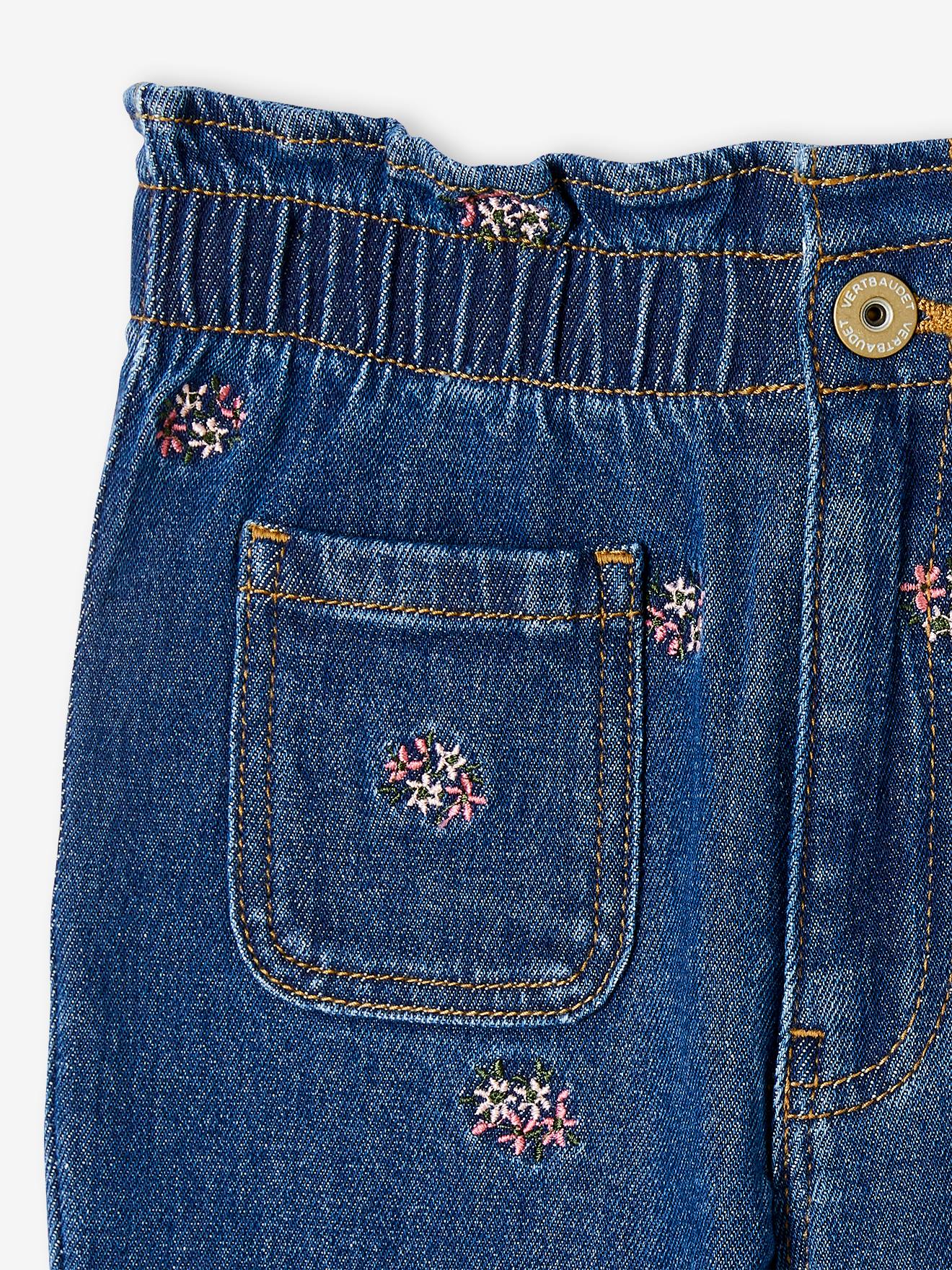 Jean paperbag brodé fleurs fille bleu jean