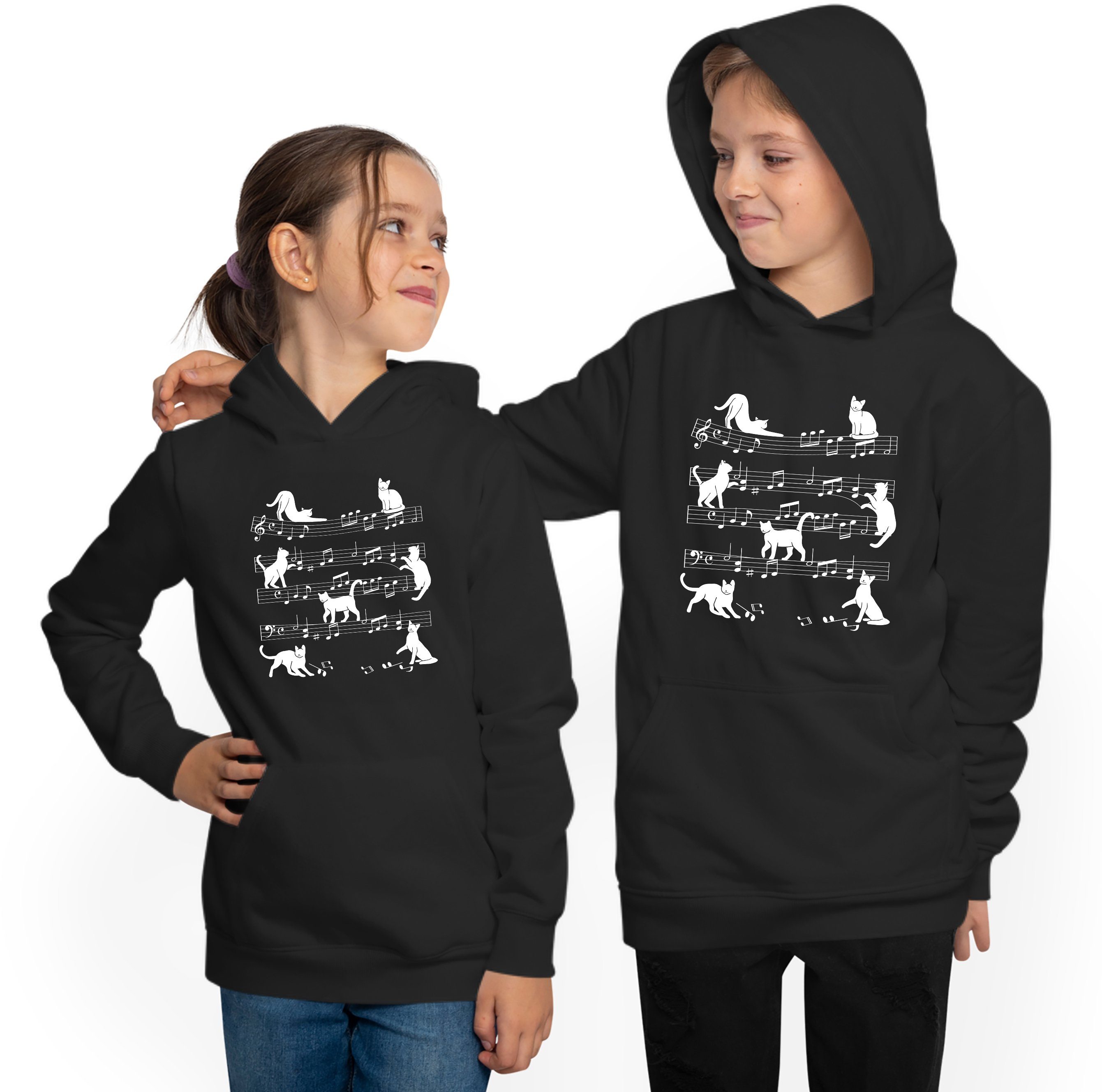 MyDesign24 Hoodie Kinder Kapuzen Sweatshirt - Katzen Hoodie mit Musik Noten Kapuzensweater mit Aufdruck, i116