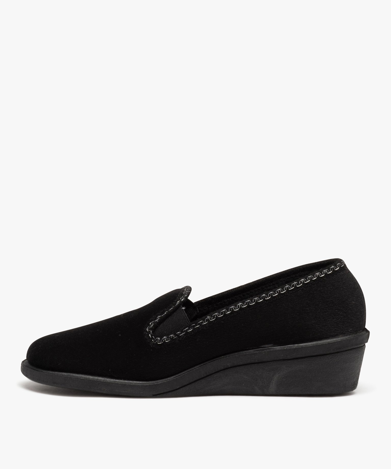 Chaussons femme pantoufles compensées en velours brodé noir | GEMO
