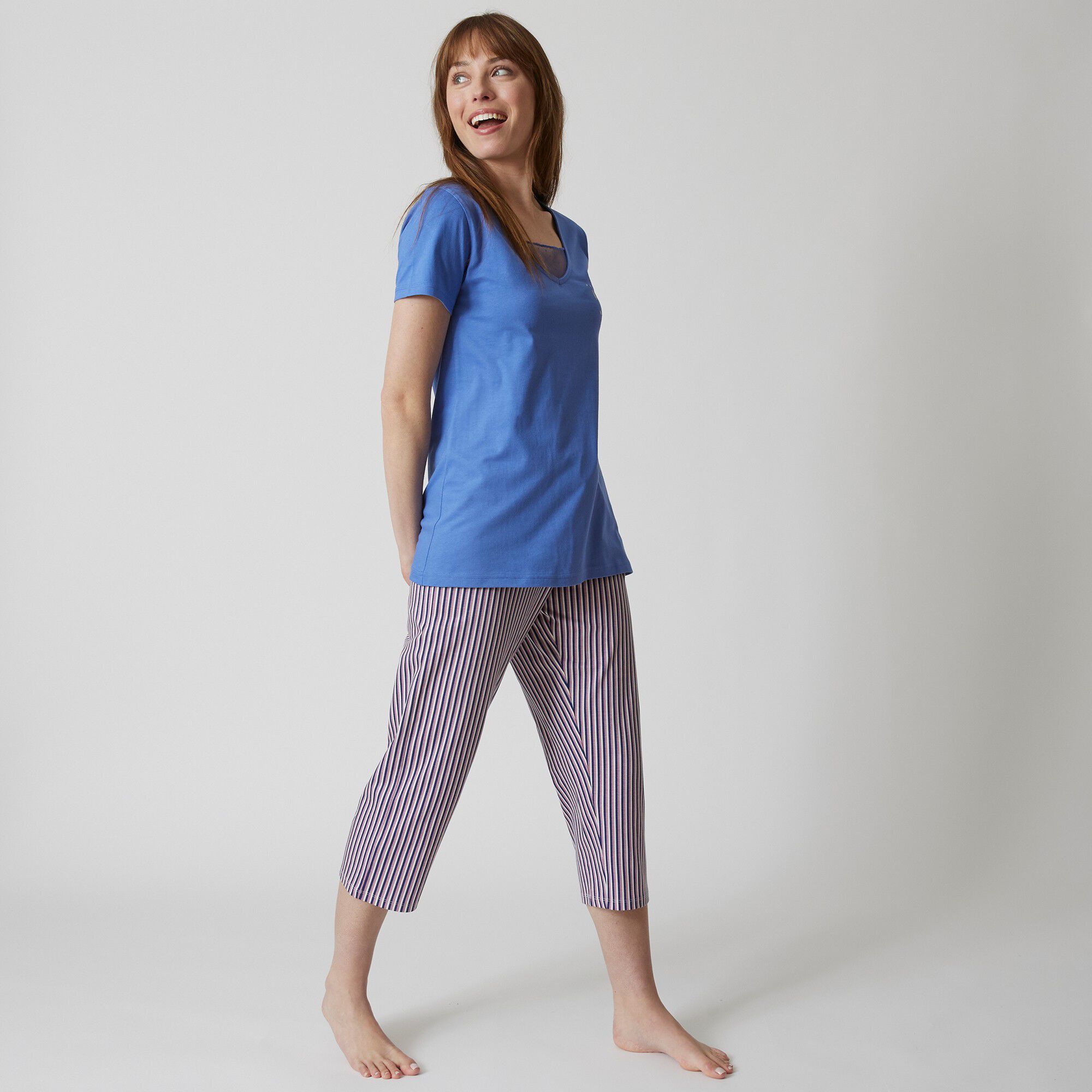 Pantacourt pyjama coton imprimé rayures