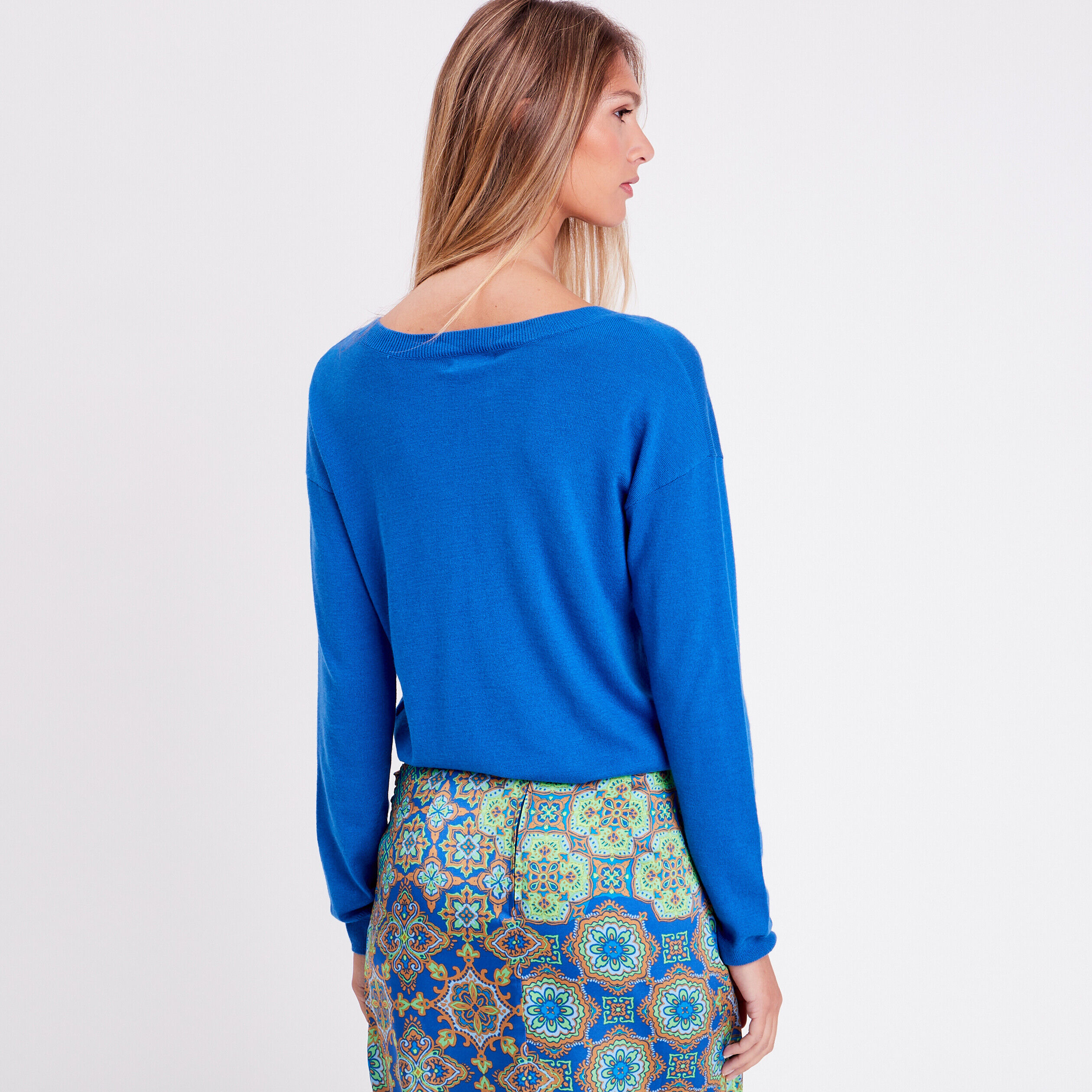 Pull col en V bleu roi femme | Cache Cache