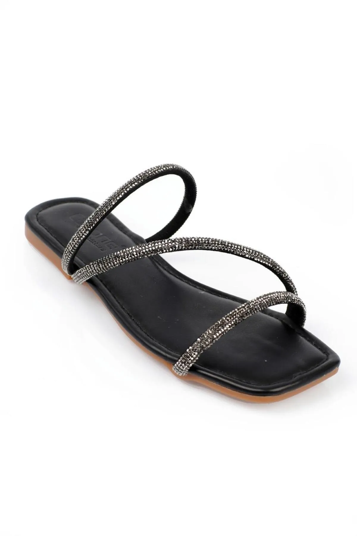 Capone Outfitters  Capone Stoned 3-Striped Flat Heel Quilted Black Damenhausschuhe