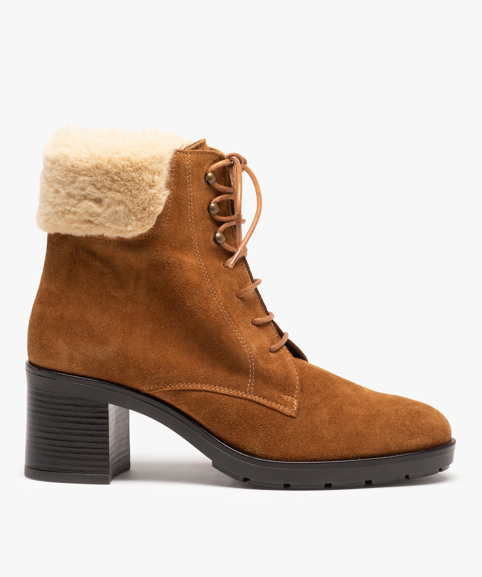 Bottines femme dessus cuir retourné col fourré – Tanéo camel | GEMO