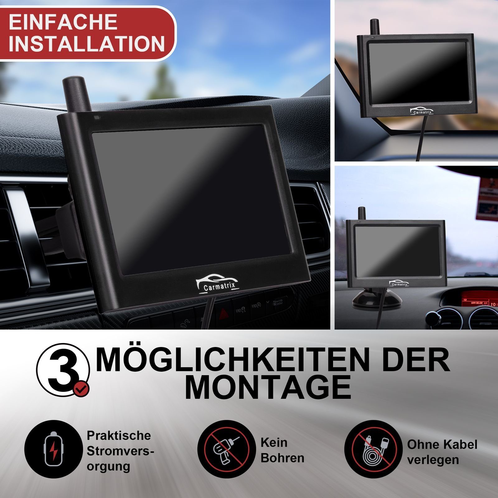 CARMATRIX Kabel 1 Rückfahrkamera (Auto Funk Rückfahrsystem im Nummernschild Kennzeichenhalter, Rückfahrkamera Digital kabellose Einparkhilfe zum nachrüsten)