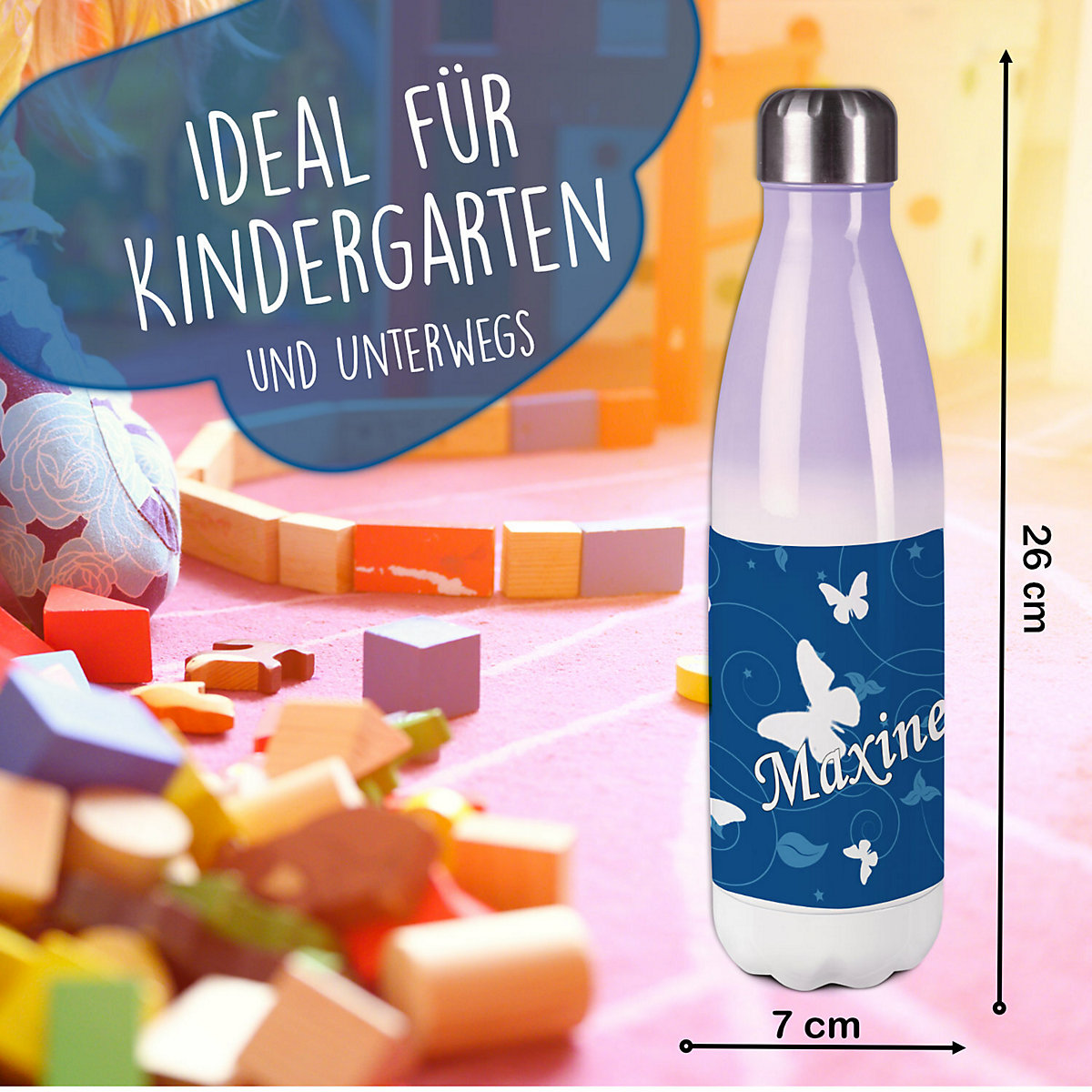 Edelstahl Kinder Thermoflasche / Trinkflasche bunt Schmetterling Ornamente Farbe blau Spülmaschinenfest, Auslaufsicher, Bruchfest, Doppelwandig, Für Heißgetränke geeignet, Mit Deckel, Isoliert