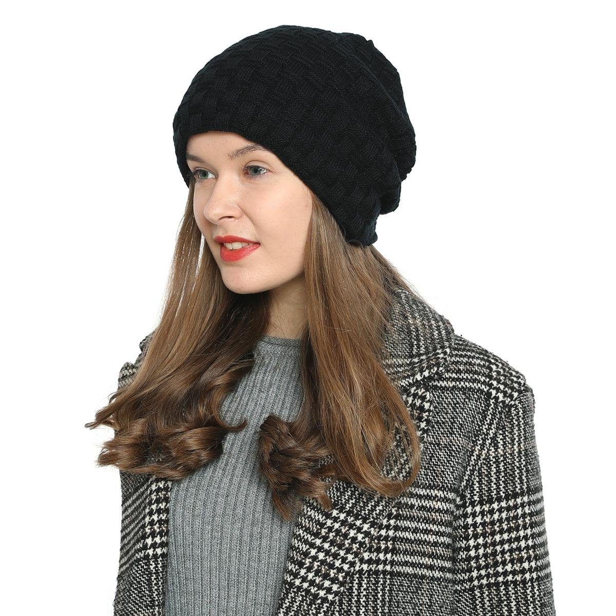 DonDon Beanie Damen Beanie Winter Slouch Style mit Innenfutter (Packung, 1-St) Wintermütze, Beanie mit Flechtmuster und Teddyfleece
