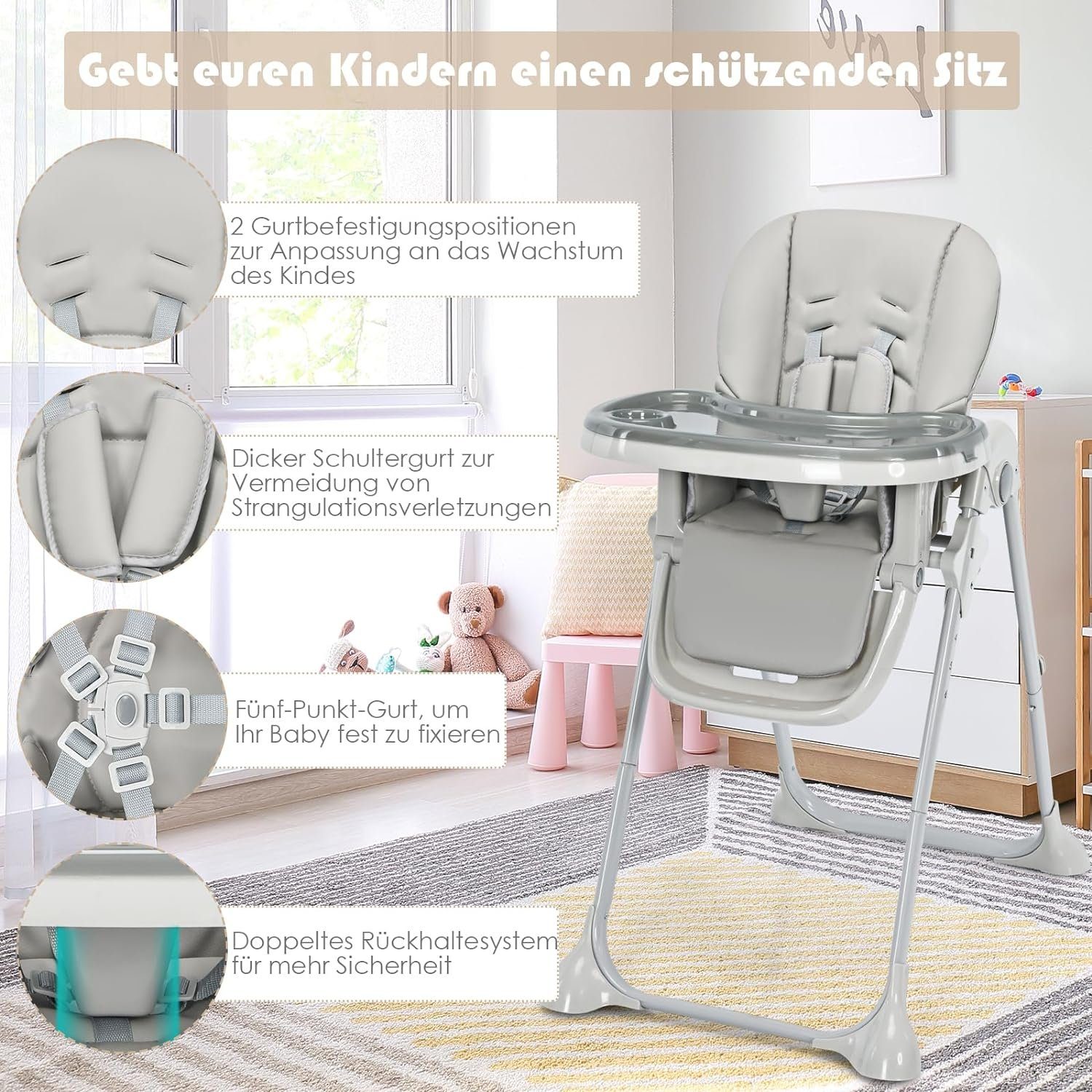 KOMFOTTEU Hochstuhl Baby, klappbar, mit abnehmbares Tablett