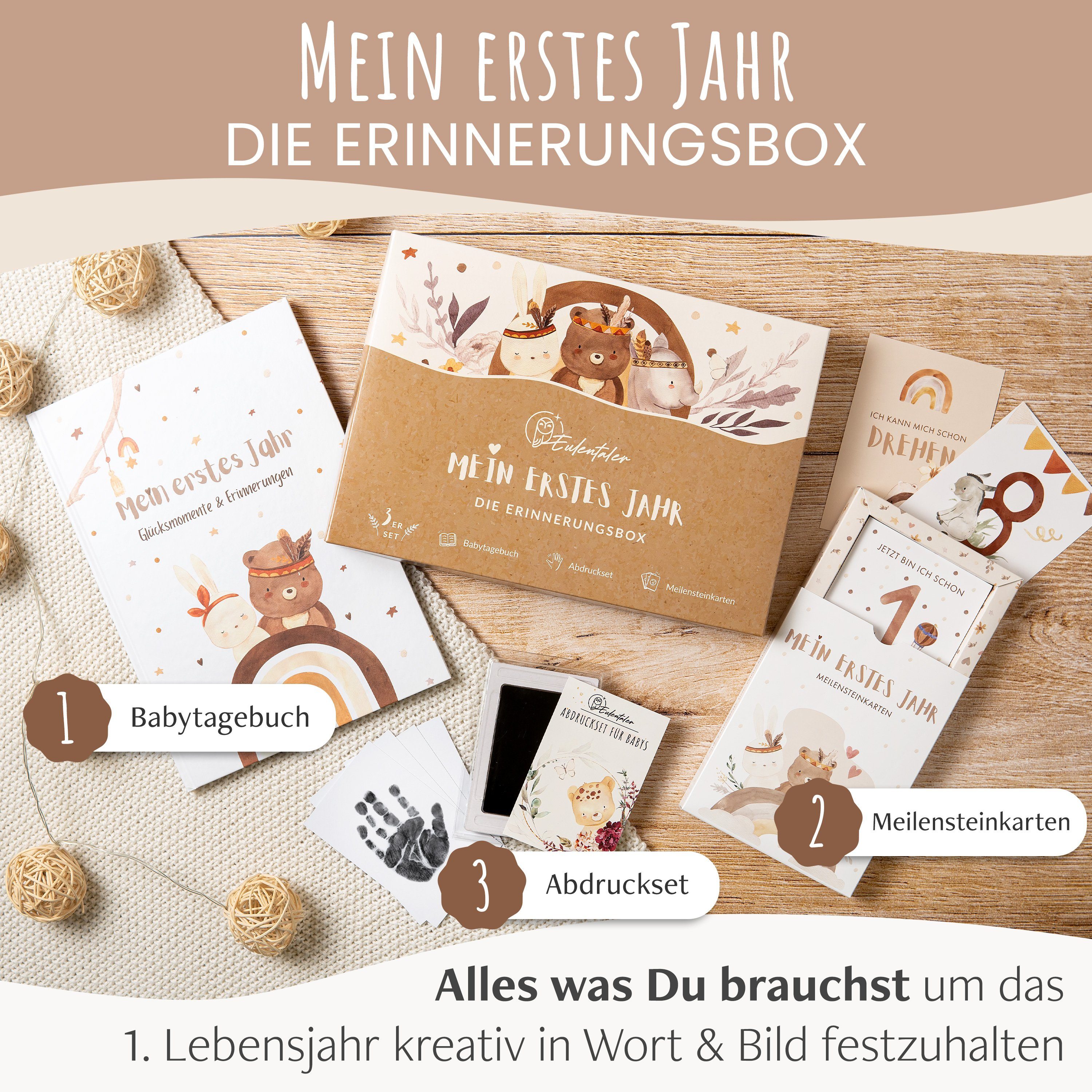 Eulentaler Tagebuch I Die Erinnerungsbox I Mein erstes Jahr I Von Pädagogen gestaltet, I Babytagebuch, 48 Meilensteinkarten & Abdruckset