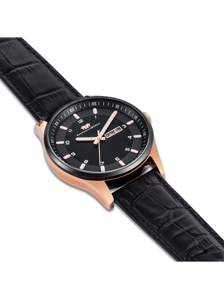 Rhodenwald & Söhne Herren Quarzuhr roségold Echtleder schwarz in schwarz günstig kaufen 20 cm