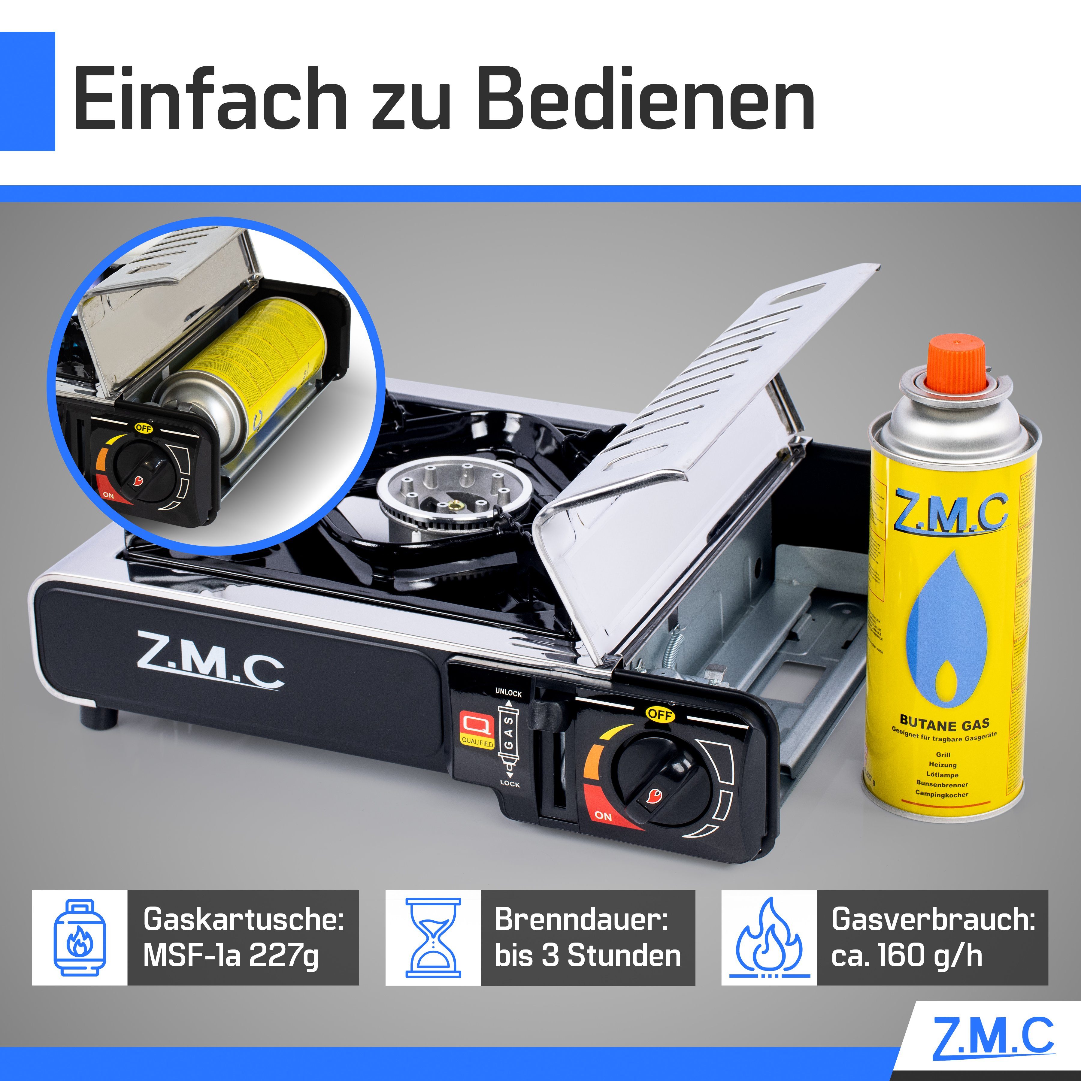 ZMC Gaskocher Edelstahl Campingkocher Gaskocher 1 Flammig, (Wärmeleistung: 2,2KW Tragbarer Kochfeld), Outdoor Camping Gas Kocher Herd Kartuschenkocher + Transportkoffer