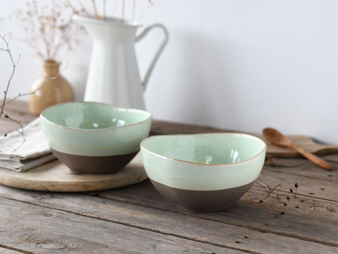CreaTable Basalt Bowls, Salbei, 2-teiliges Geschirrset, Poke Bowl Set aus Steinzeug
