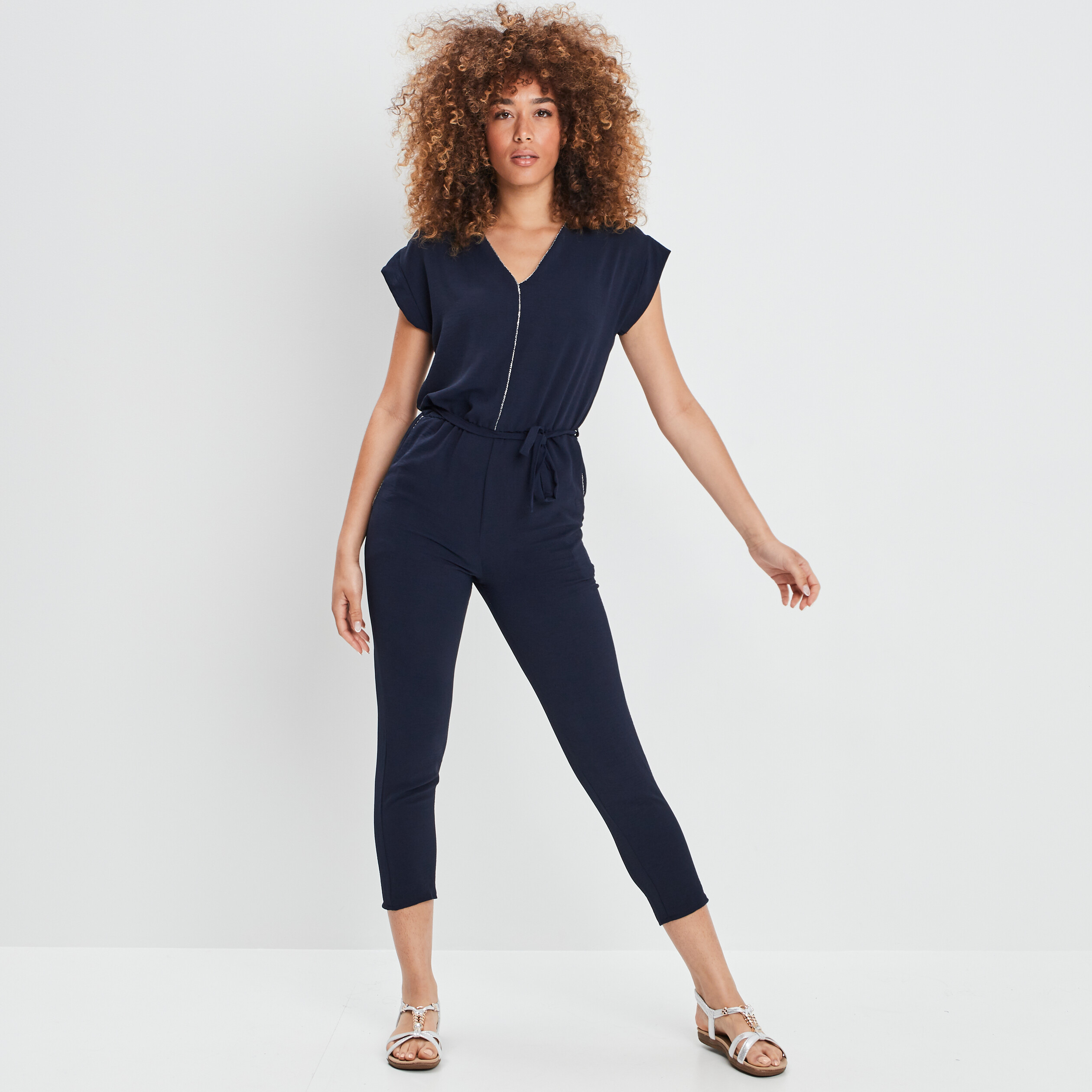 Combinaison pantalon ceinturée bleu marine femme | La Halle