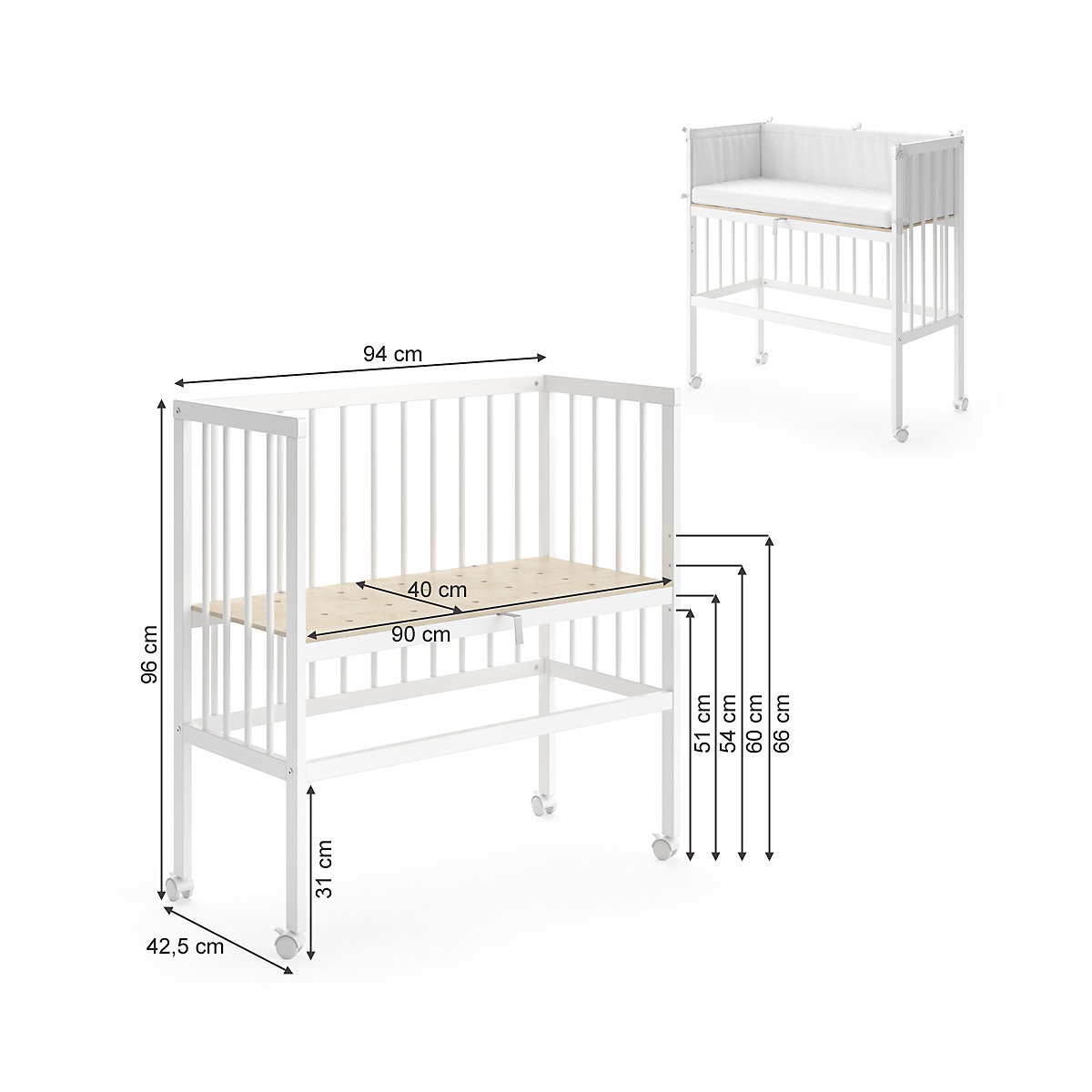Beistellbett Sophie 93x46x75 Weiß