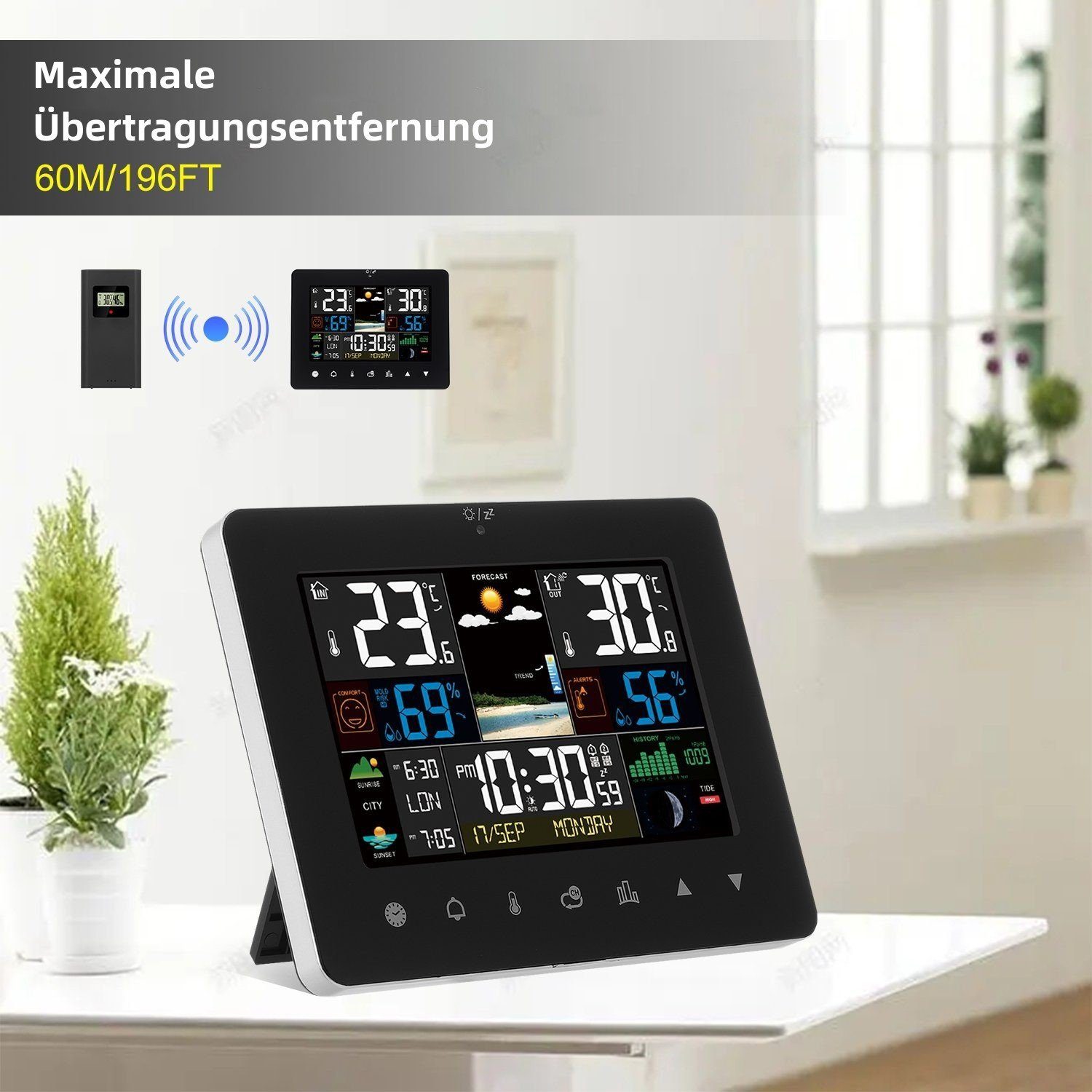 LETGOSPT Funkwetterstation mit Außensensor, Funk Wetterstationmit Kalender Funkwetterstation (Kalender Thermometer Hygrometer Farbdisplay)