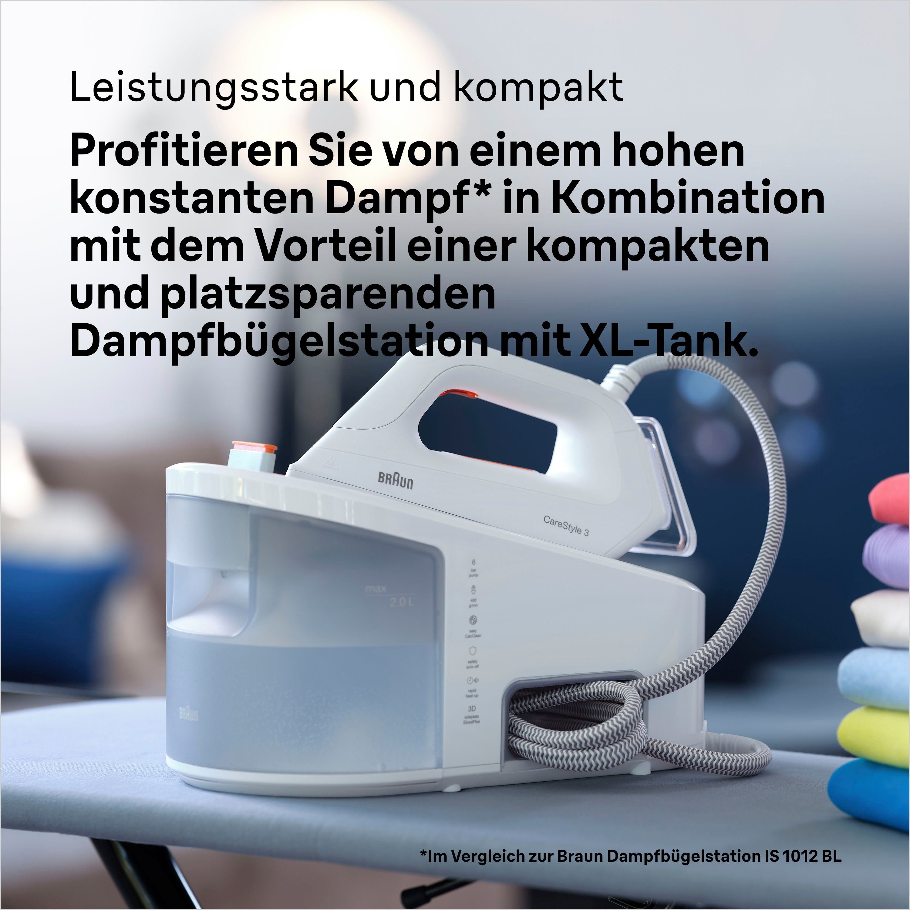 Braun Dampfbügelstation CareStyle 3 IS3132WH, 2000 ml Wassertank, weiß, max. Dampfmenge 400g/min, Rückwärtsbügeln über Knöpfe