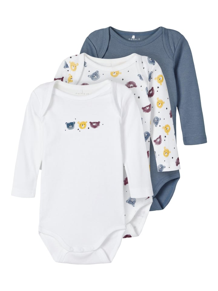 name it 3er Pack Baby langarm Body mit Teddy Motiv in Blau günstig kaufen