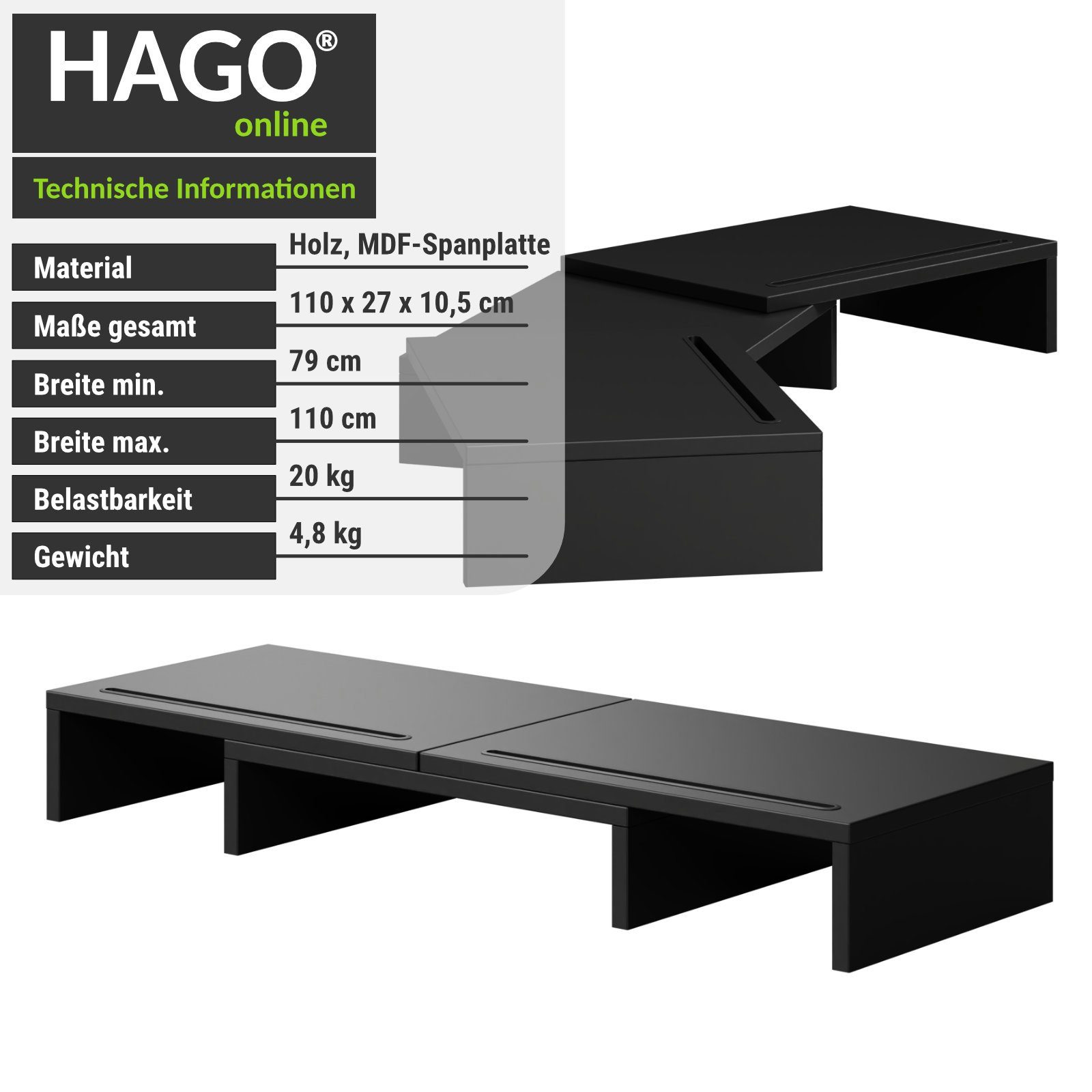 HAGO Schreibtischaufsatz 3-tlg. Monitorständer Auflage Unterbau Set Tischhalterung drehbar