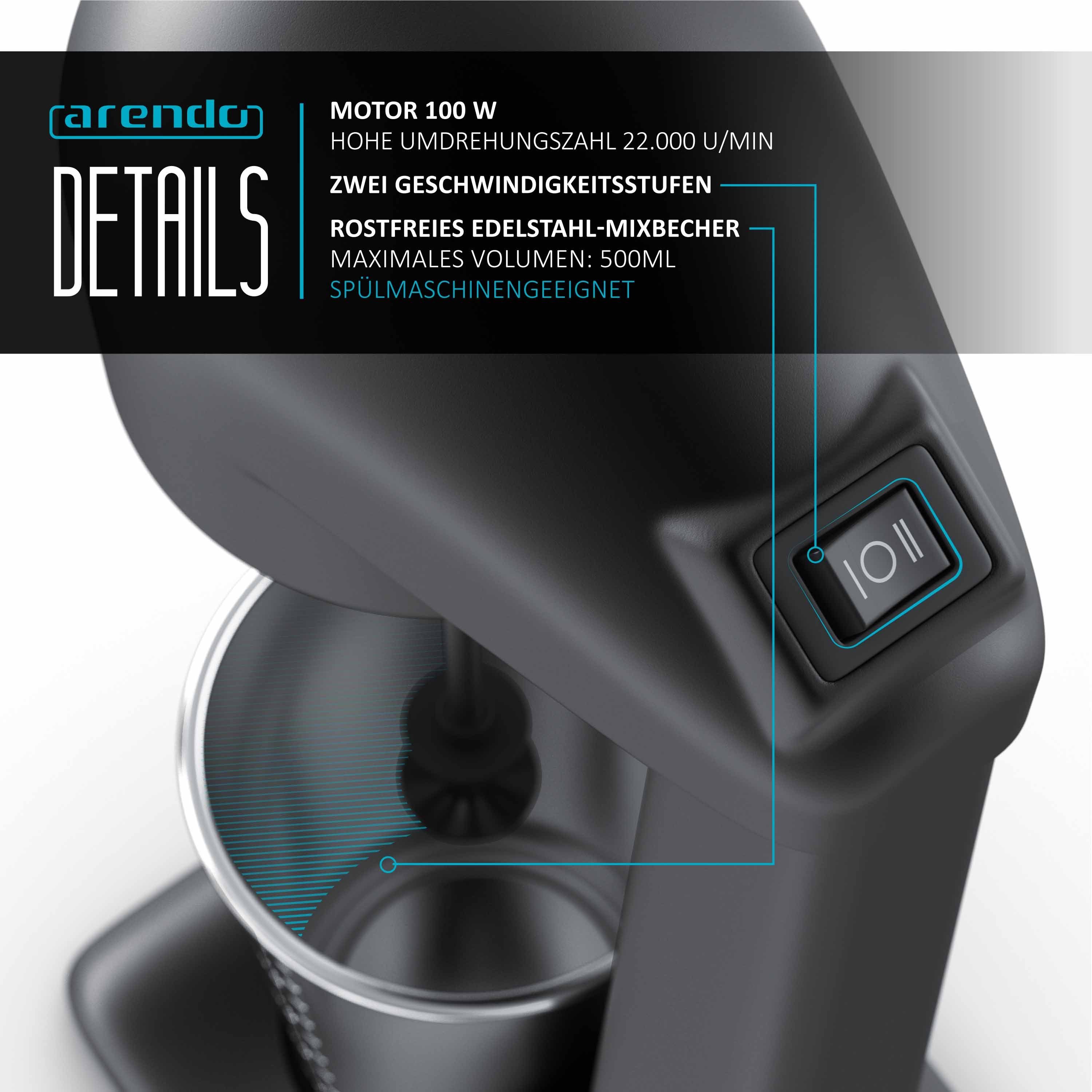 Arendo Standmixer, 100 W, Drink Mixer elektrisch mit 500ml Becher Getränkemixer mit 22.000 U/min