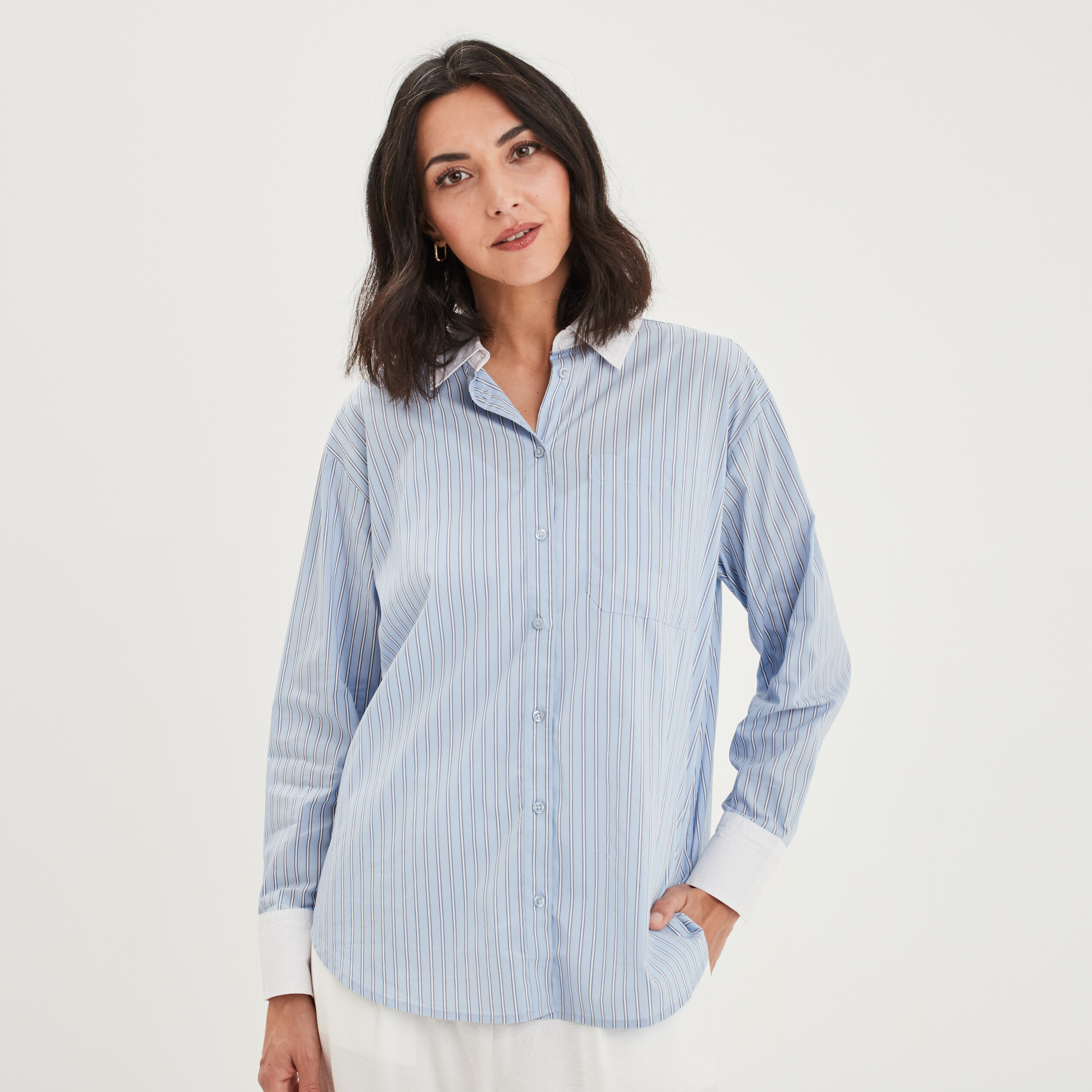 Chemise oversize manches longues bleu ciel femme | La Halle