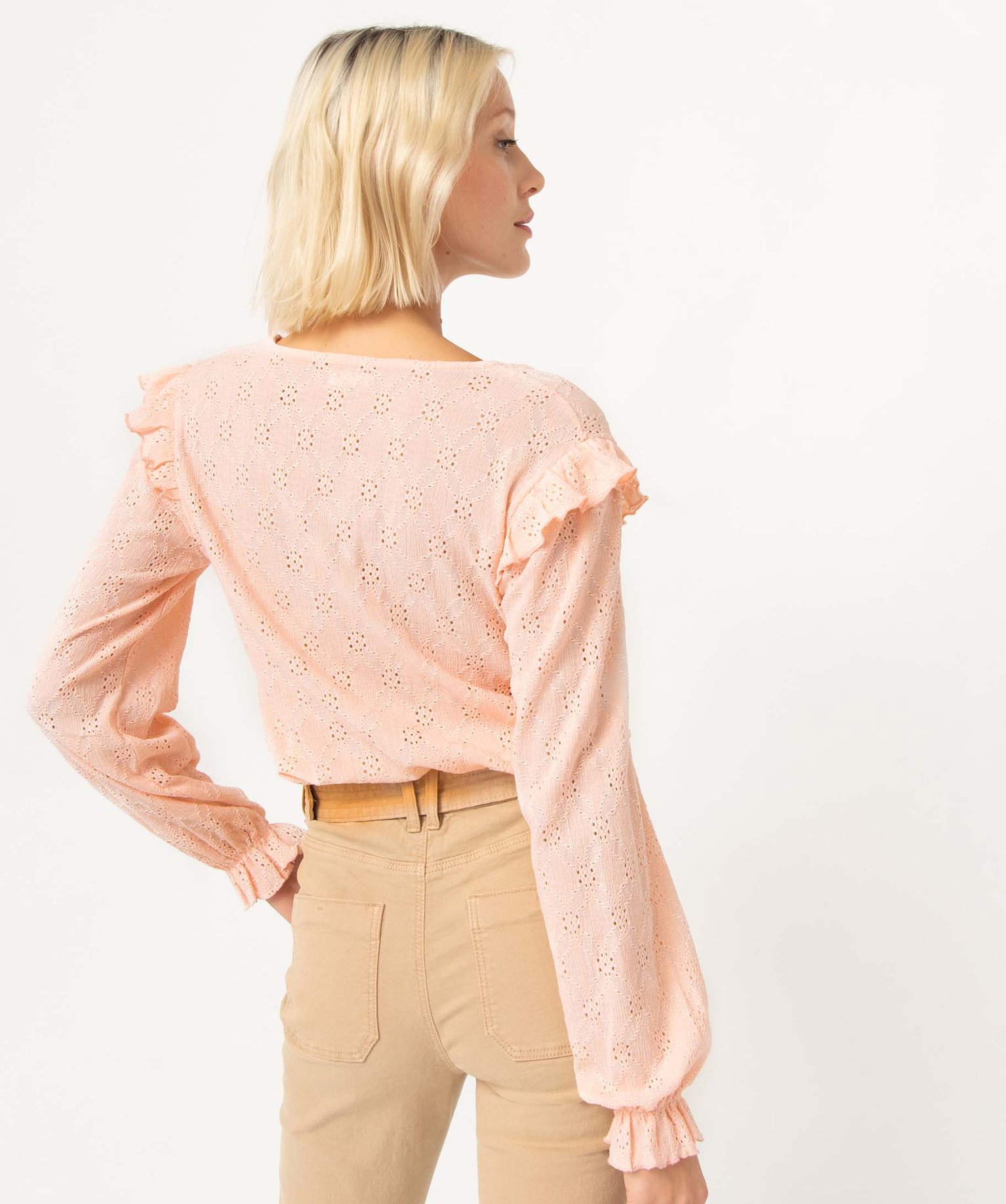 Tee-shirt femme à manches longues en maille ajourée rose | GEMO