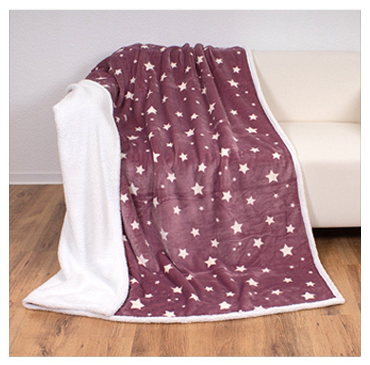 Wohndecke Soft Flanell Sterne Kuscheldecke mit Sherpa Fell, heimtexland, Sofadecke 150x200 I extra dick I warm I kuschelig weich