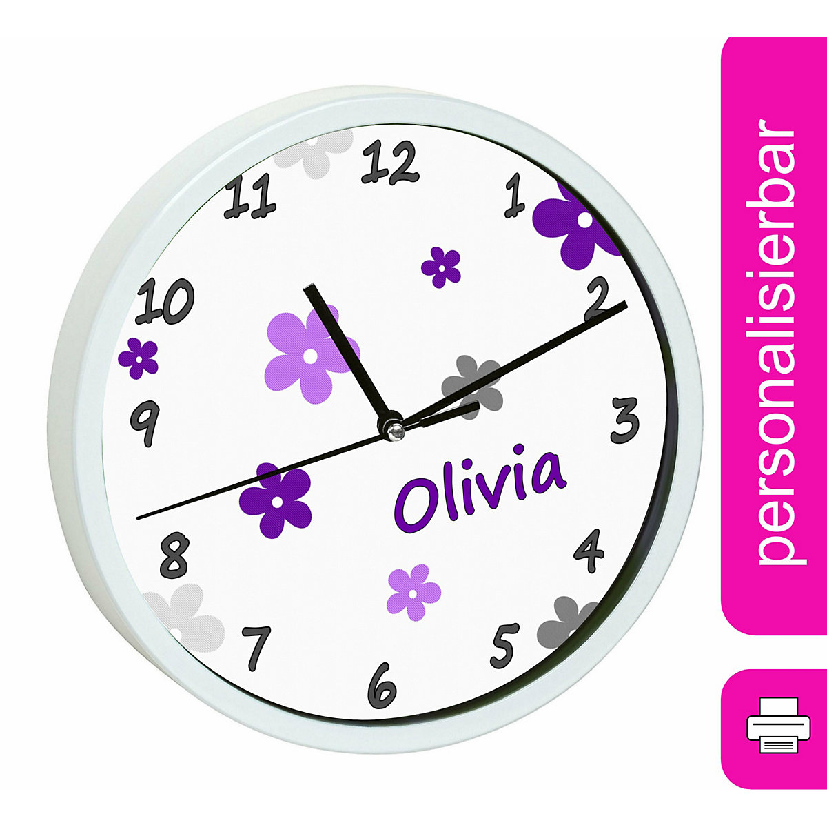 Kinder Wanduhr personalisiert mit Name Blumen Lila-Grau