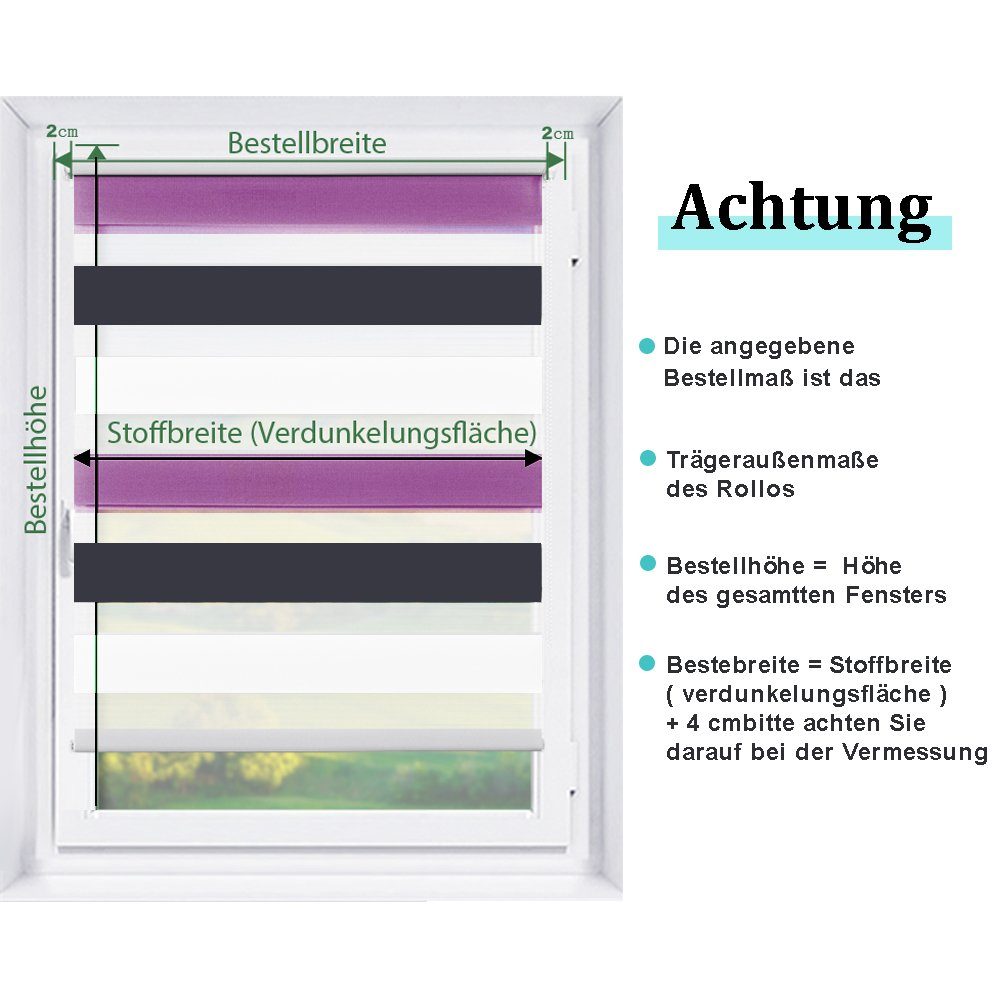 Doppelrollo Ohne Bohren, Schwarz-Weiß/Weiß-Anthrazit-Aubergine, OUBO, freihängend, verspannt, Klemmträger,klemmfix, Lichtschutz schnelle und einfache Montage mit beiliegendem