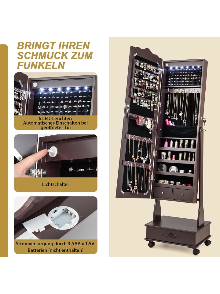 COSTWAY Schmuckschrank LED in Braun günstig kaufen 45 cm
