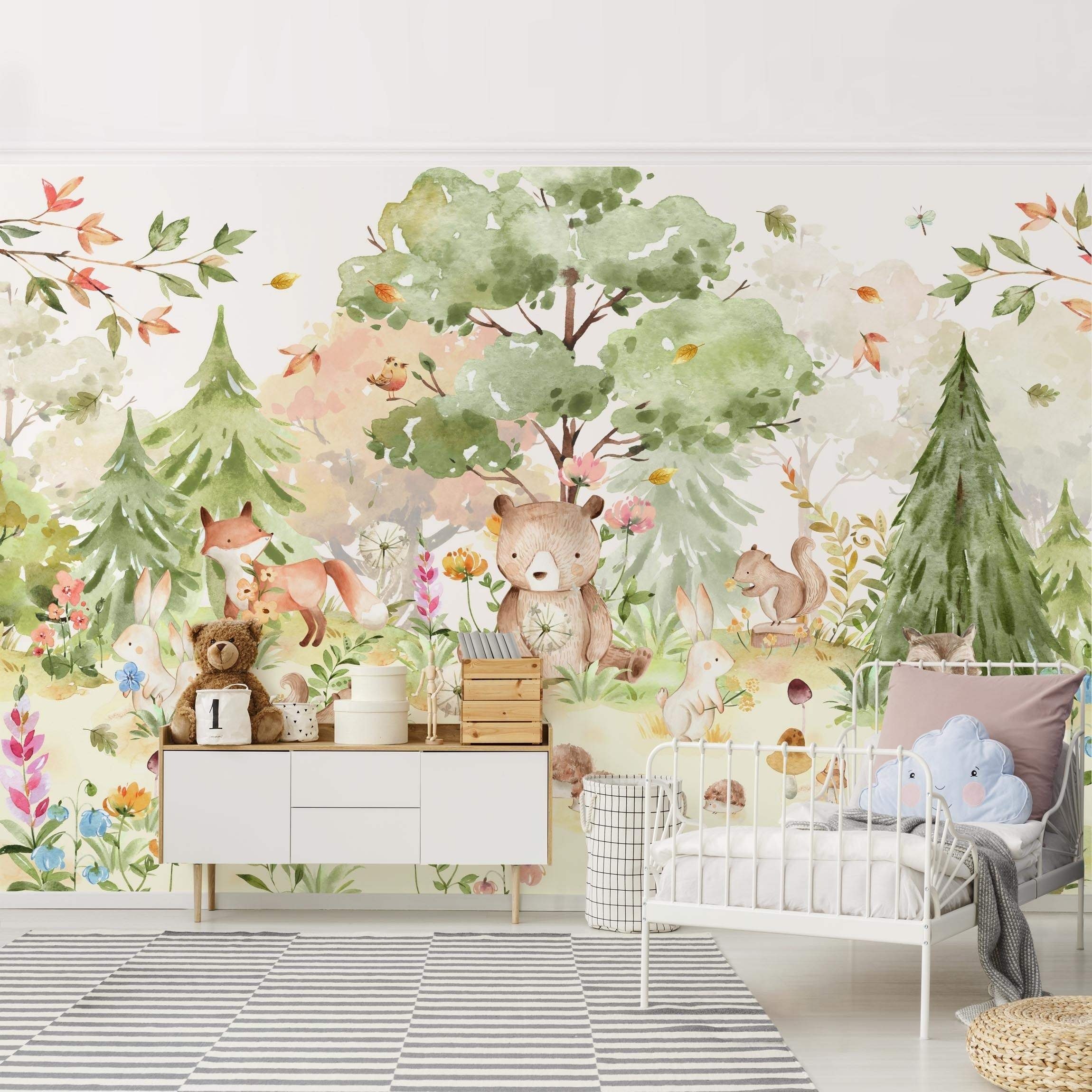 Bilderdepot24 Kindertapete Kinderzimmer Aquarell Waldtiere Bär Fuchs Baum Kinder Wanddeko, Glatt, Matt, (Inklusive Gratis-Kleister oder selbstklebend), Mädchenzimmer Jungenzimmer Babyzimmer Bildtapete Fototapete Wandtapete