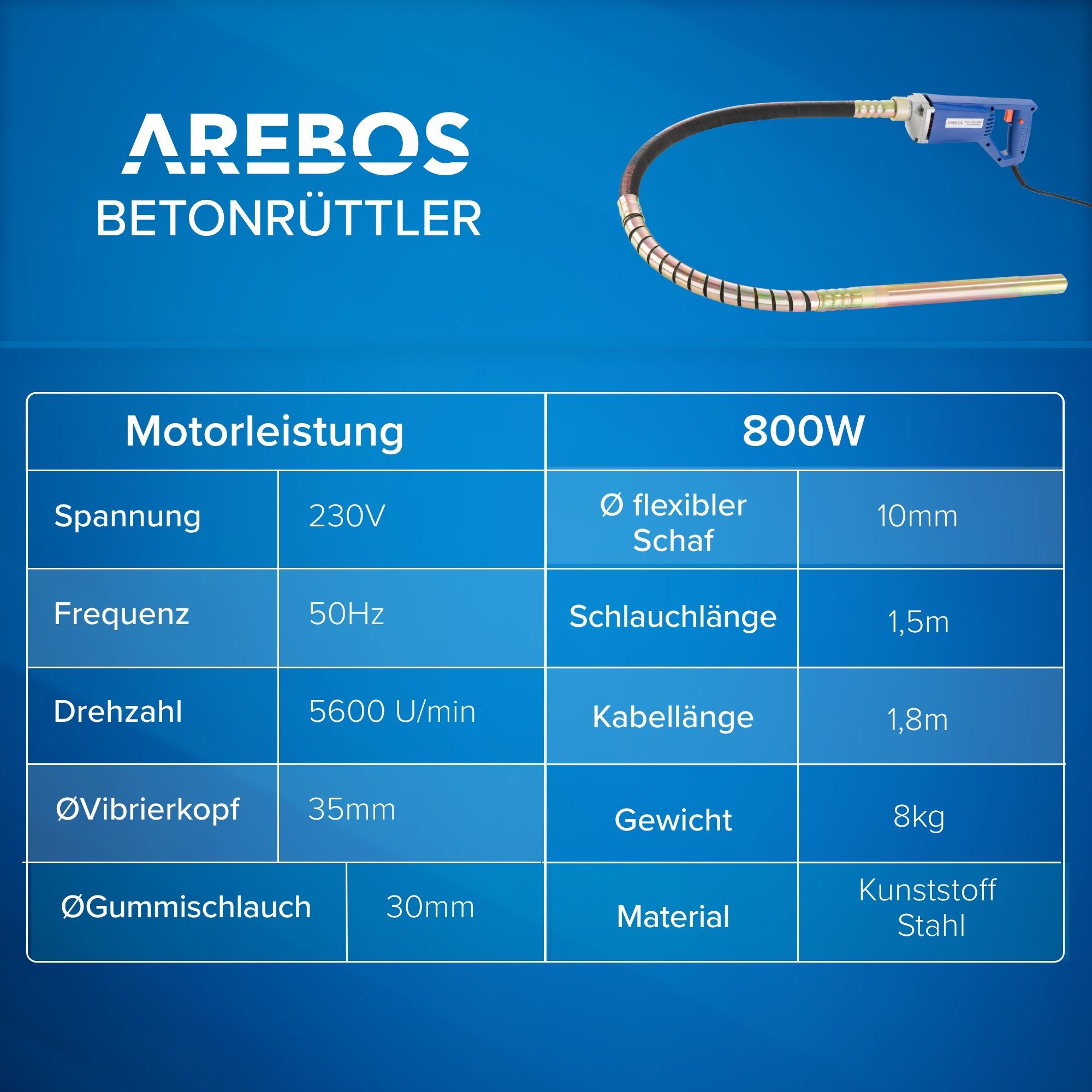 Arebos Innenrüttler Betonrüttler, verschiedene Watt und Schlauchlängen, 800 in W, Taste für den Dauerbetrieb