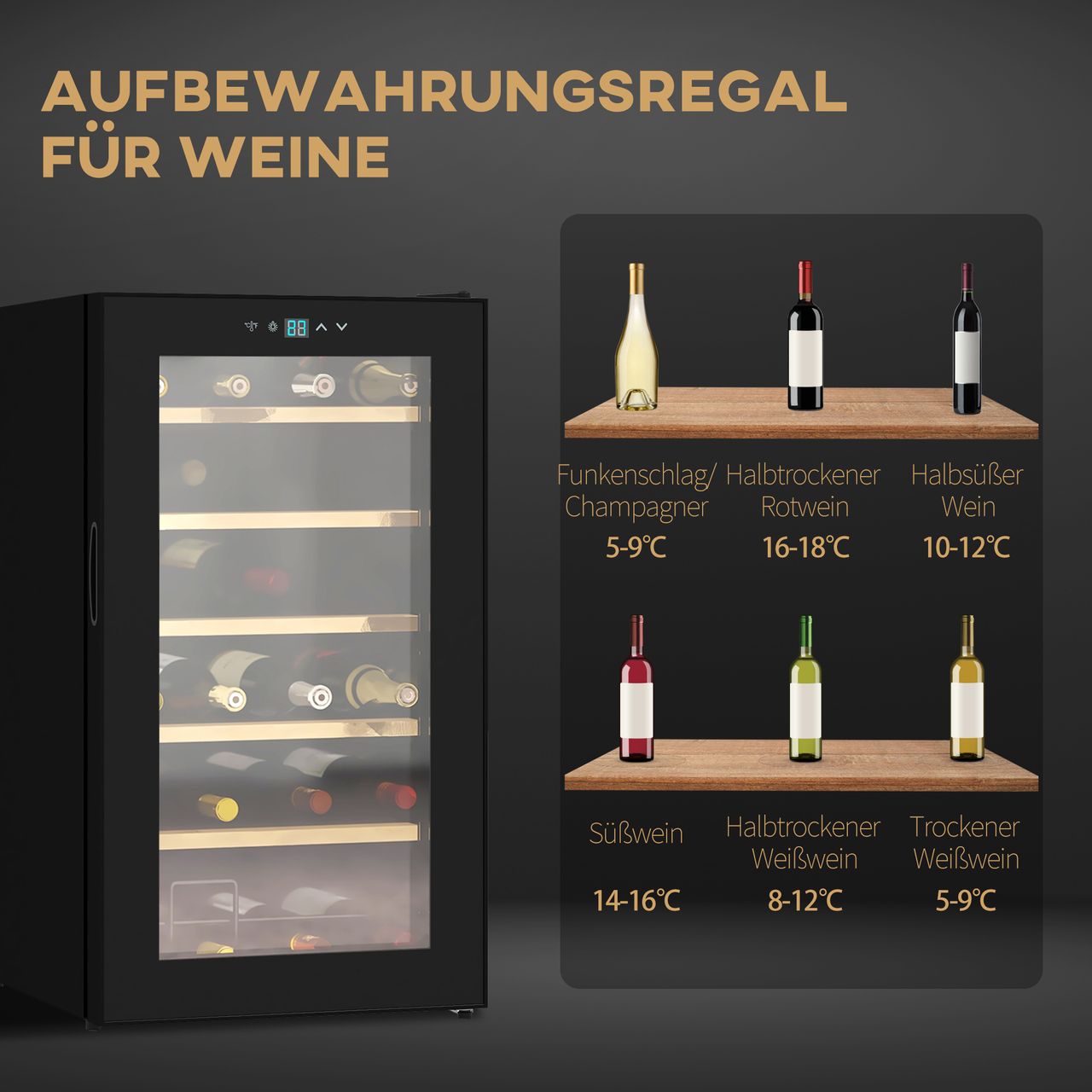 HOMCOM Weinkühlschrank 65 L Getränkekühlschrank für 24 Flaschen, 5-20°C, Schwarz