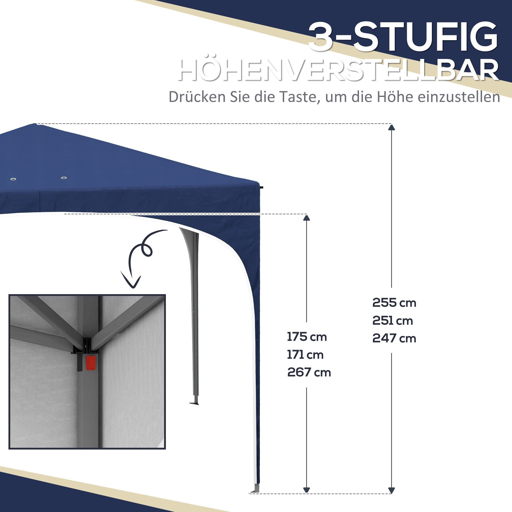 Outsunny Faltpavillon Pavillon dreistufig verstellbar, Pop Up Pavillon mit UV Schutz, mit 4 Seitenteilen, (Faltpavillon, Gartenpavillon), mit Tragetasche, Sandsack