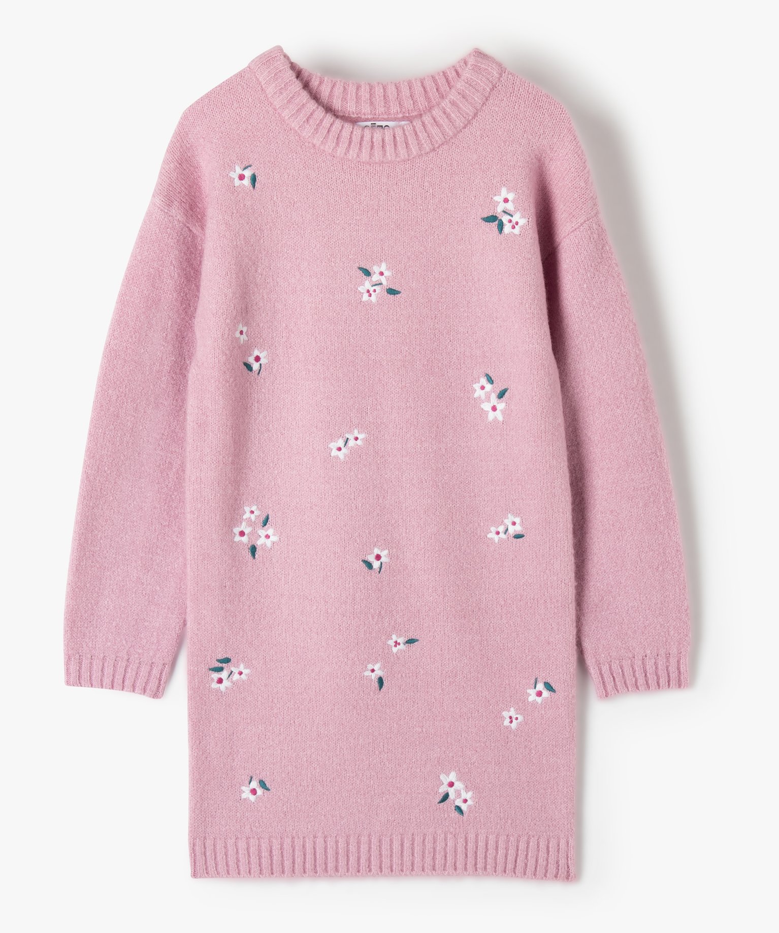 Robe pull fille avec motifs fleuris brodés sur l’avant violet | GEMO