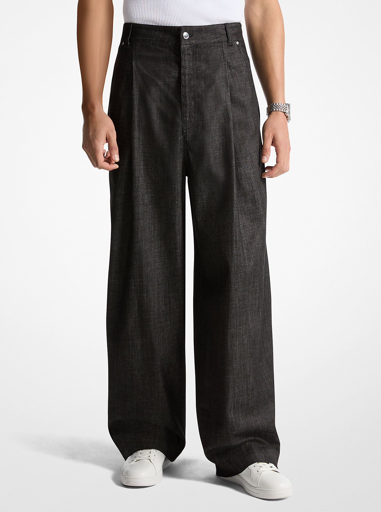 Jeans a gamba larga in chambray plissettato - NERI