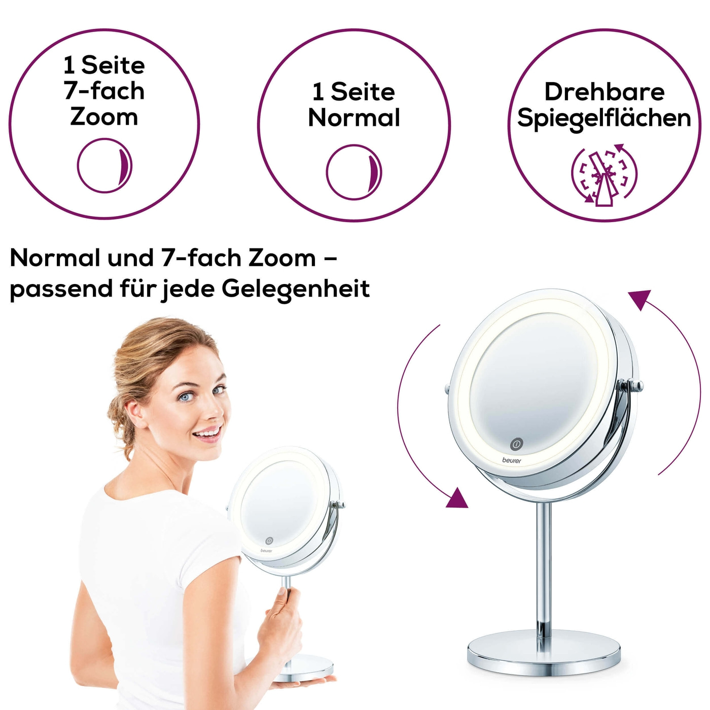 Beleuchteter Kosmetikspiegel BS 55-Beleuchteter Standspiegel mit 7-fach Zoom & Touch Sensor